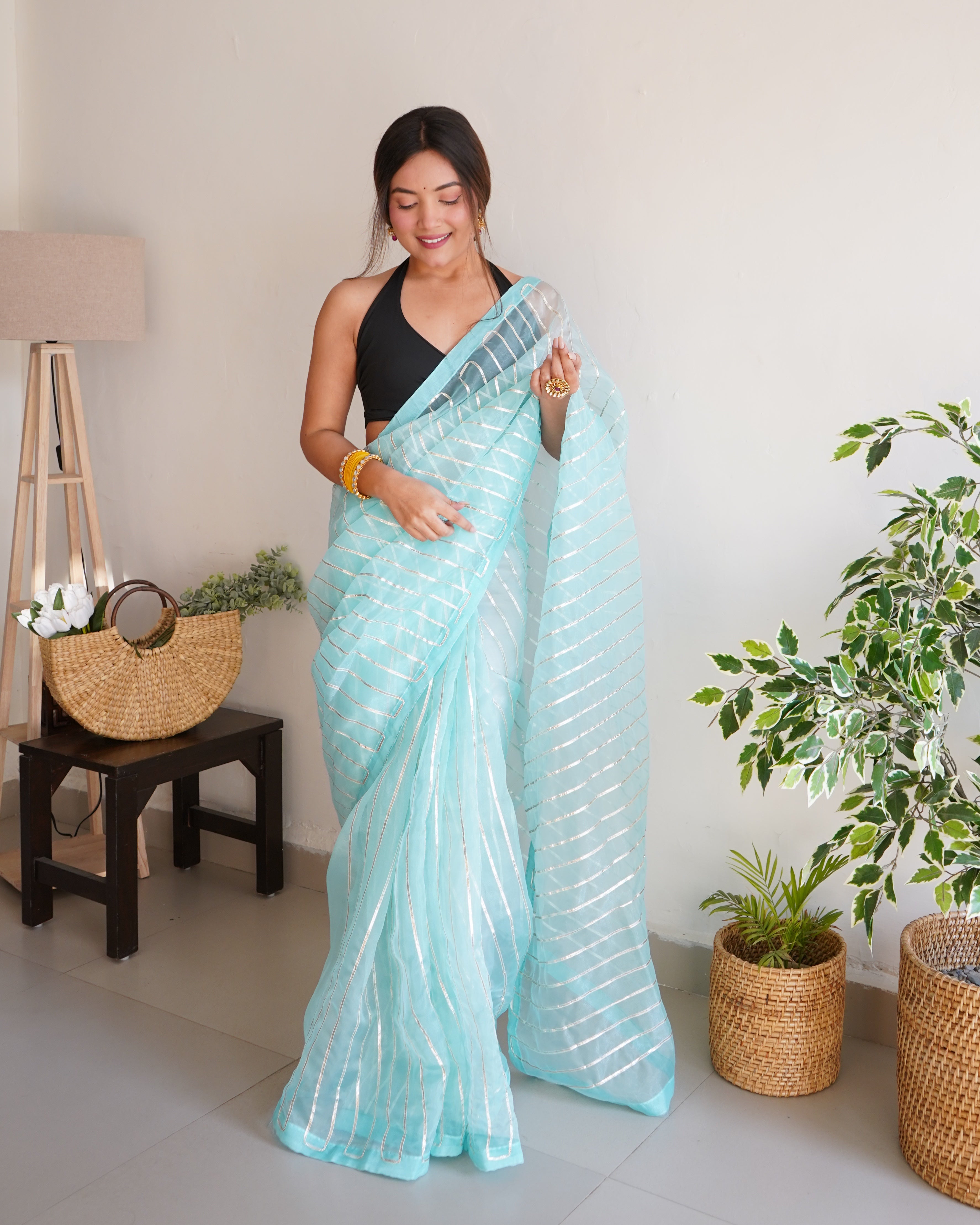 Sky Organza Silk Saree With Sattin Benglori Blouse