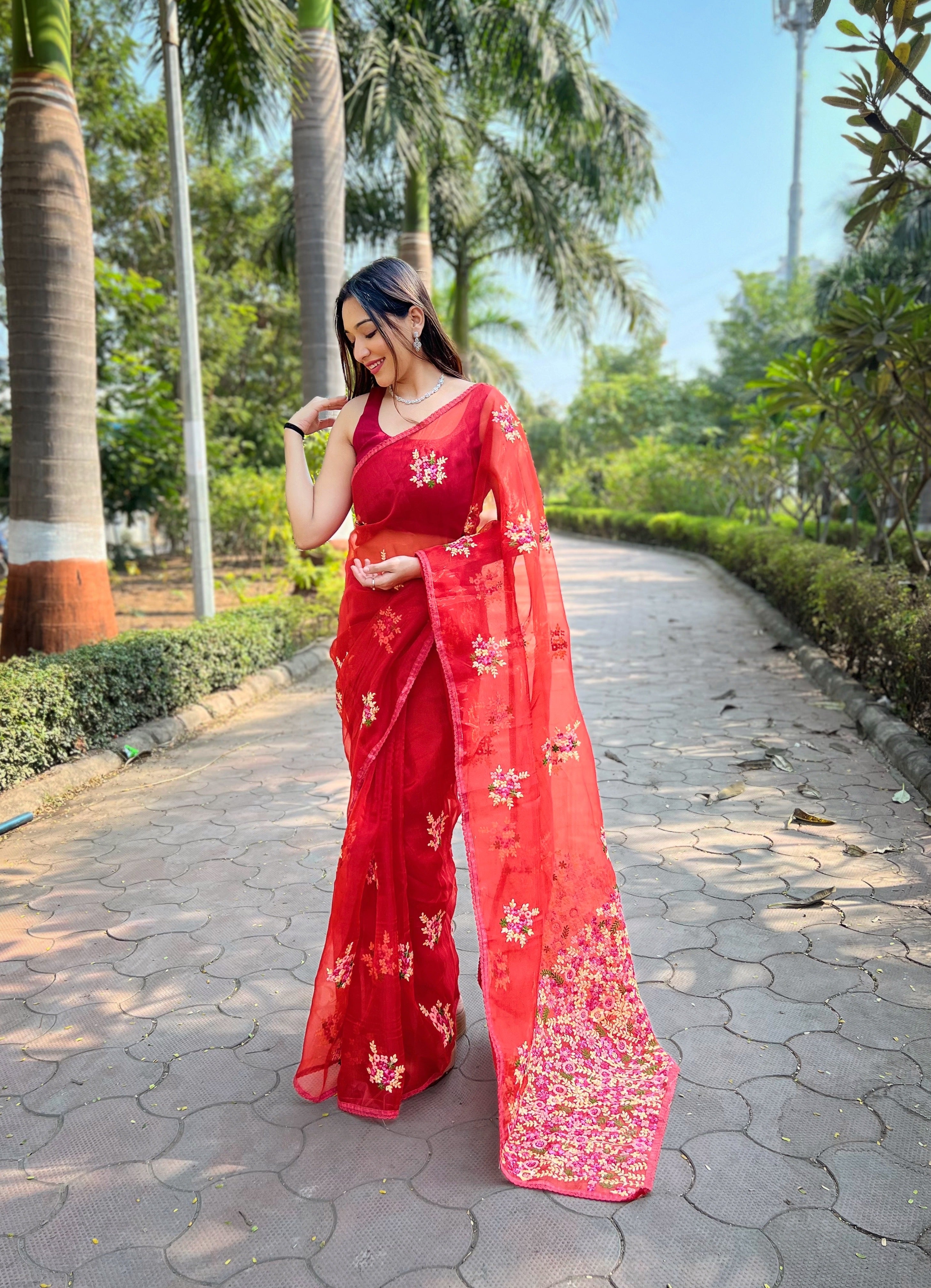 Red Organza Saree With Banglori Silk Blouse