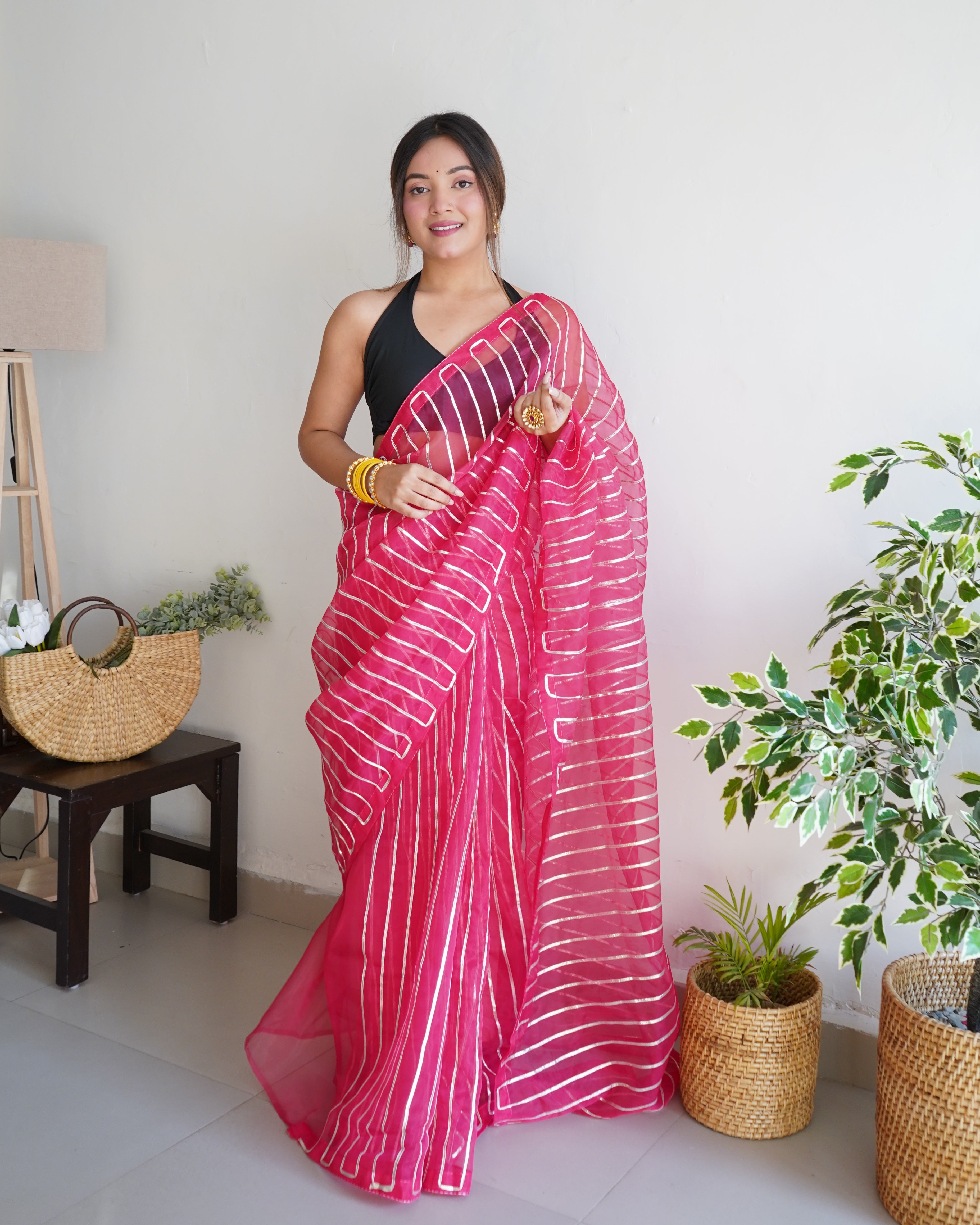 Pink Organza Silk Saree With Sattin Benglori Blouse