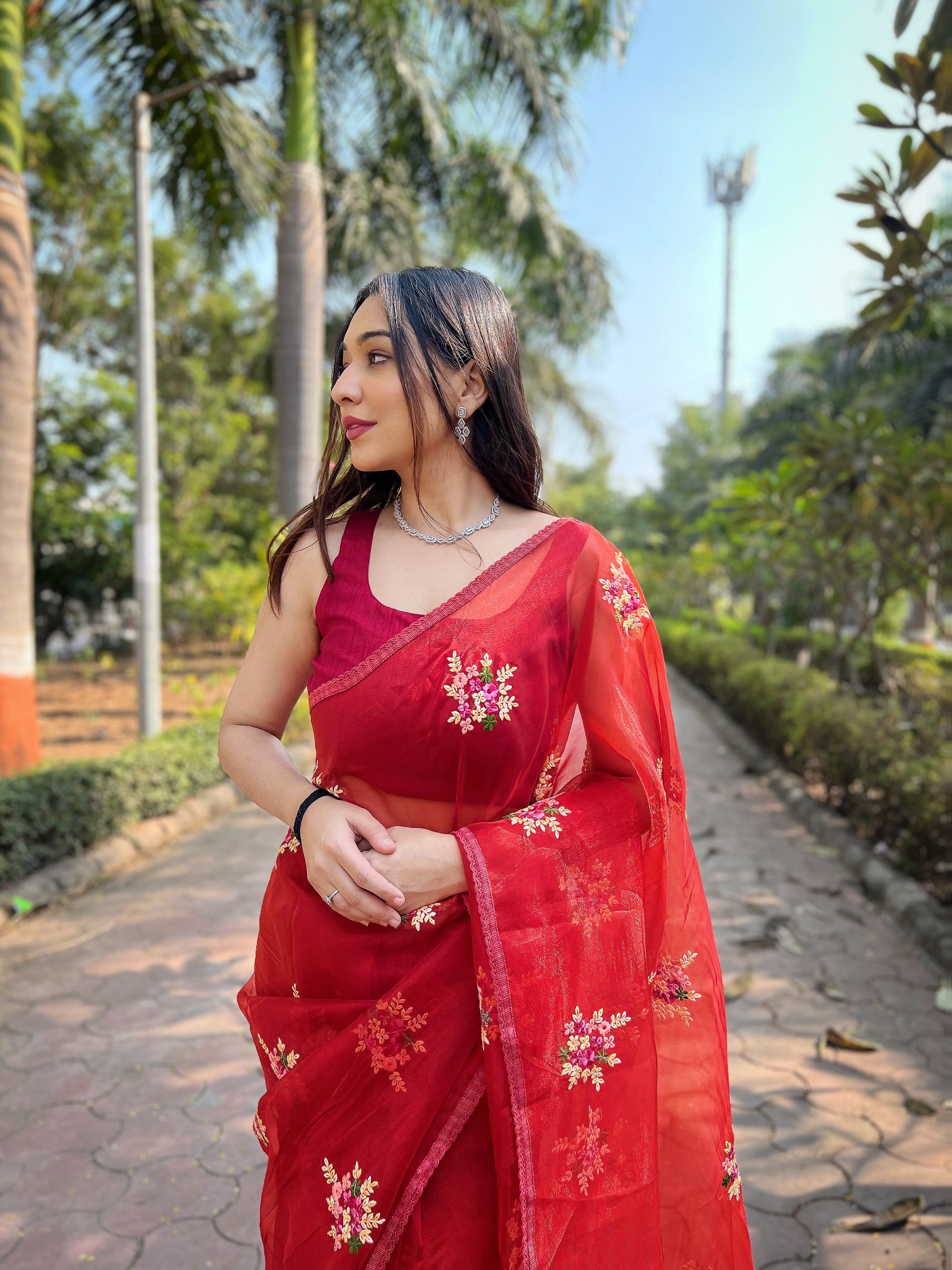 Red Organza Saree With Banglori Silk Blouse