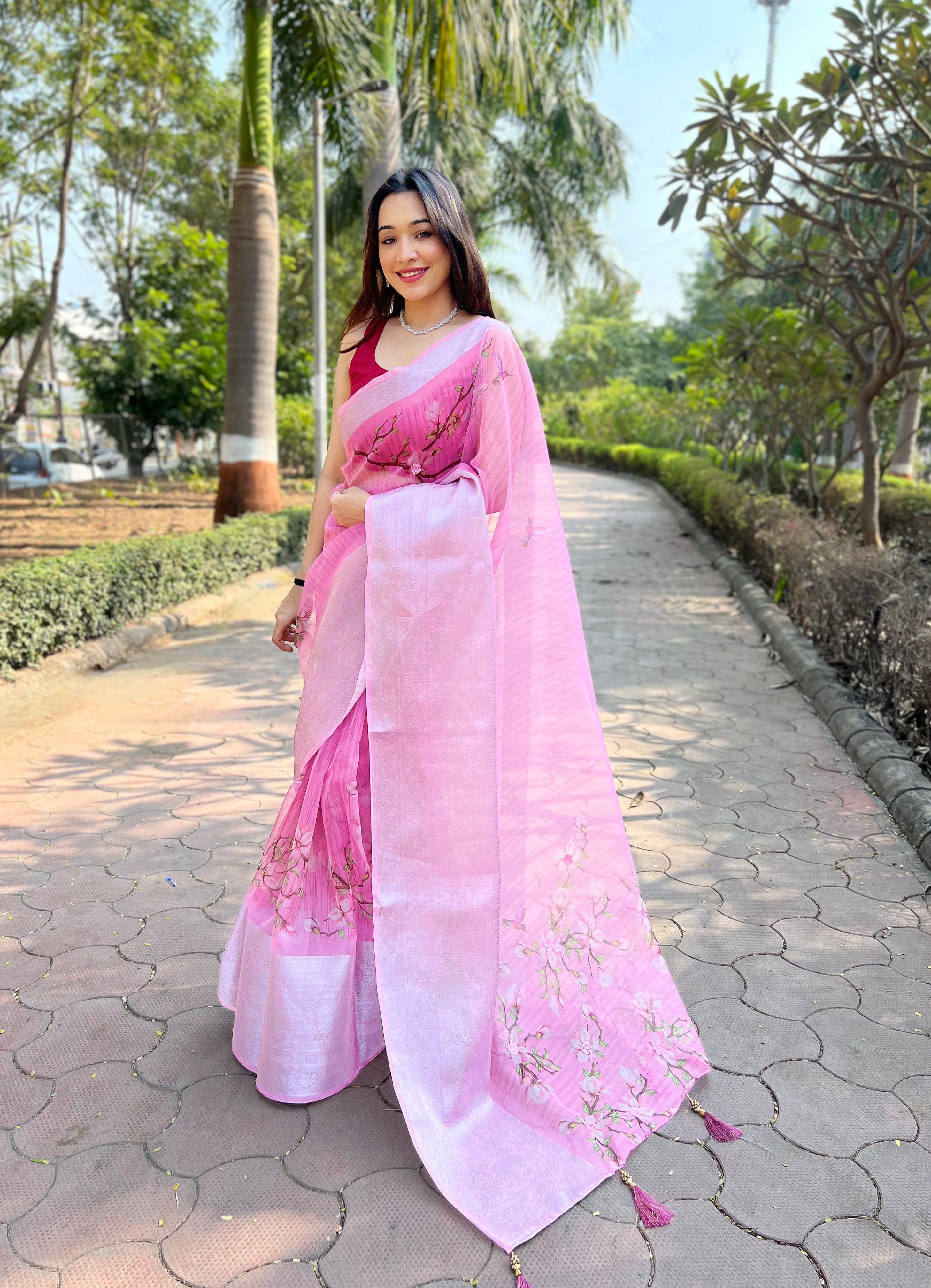 Peach Organza Saree With Satin Banglori Blouse