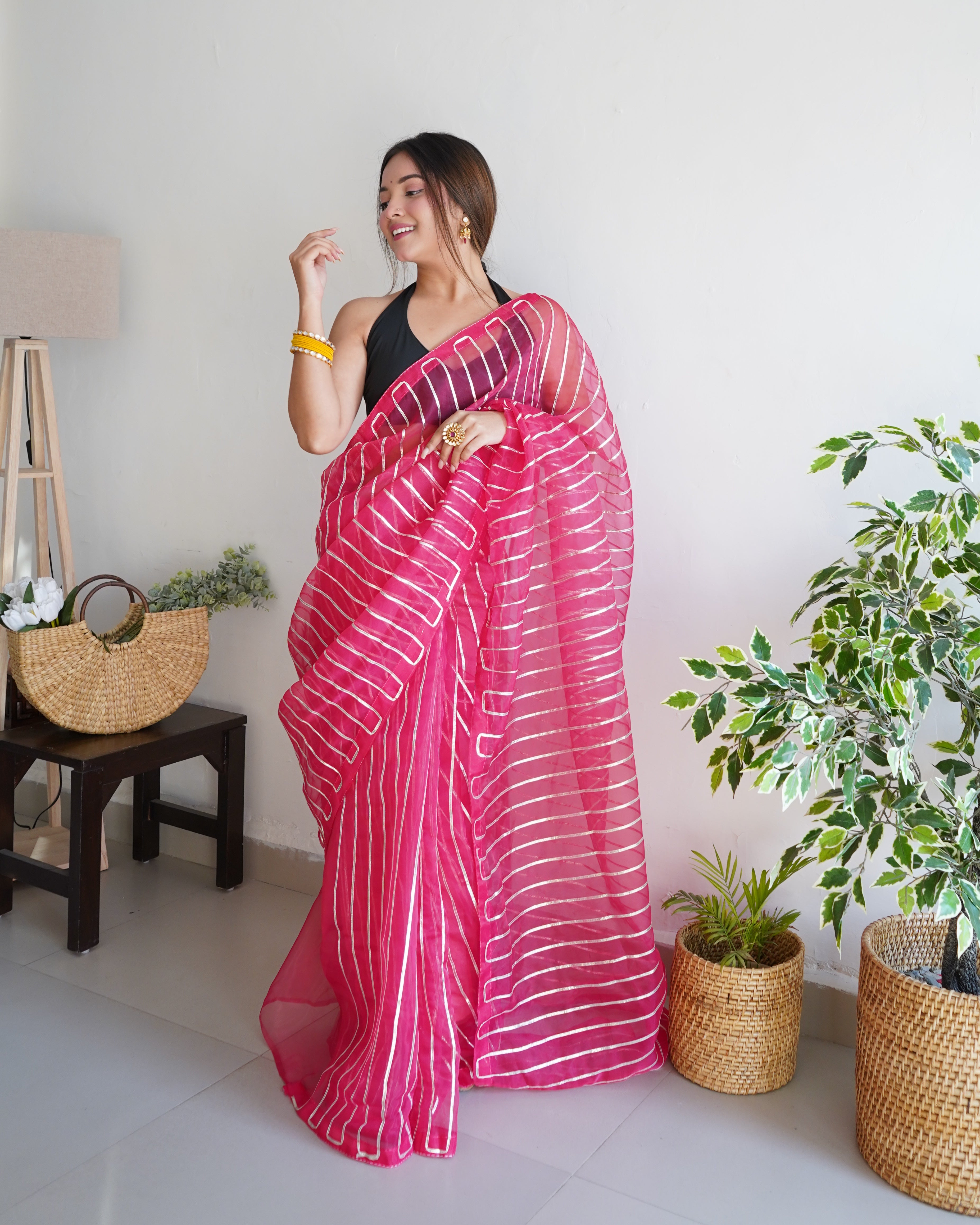 Pink Organza Silk Saree With Sattin Benglori Blouse