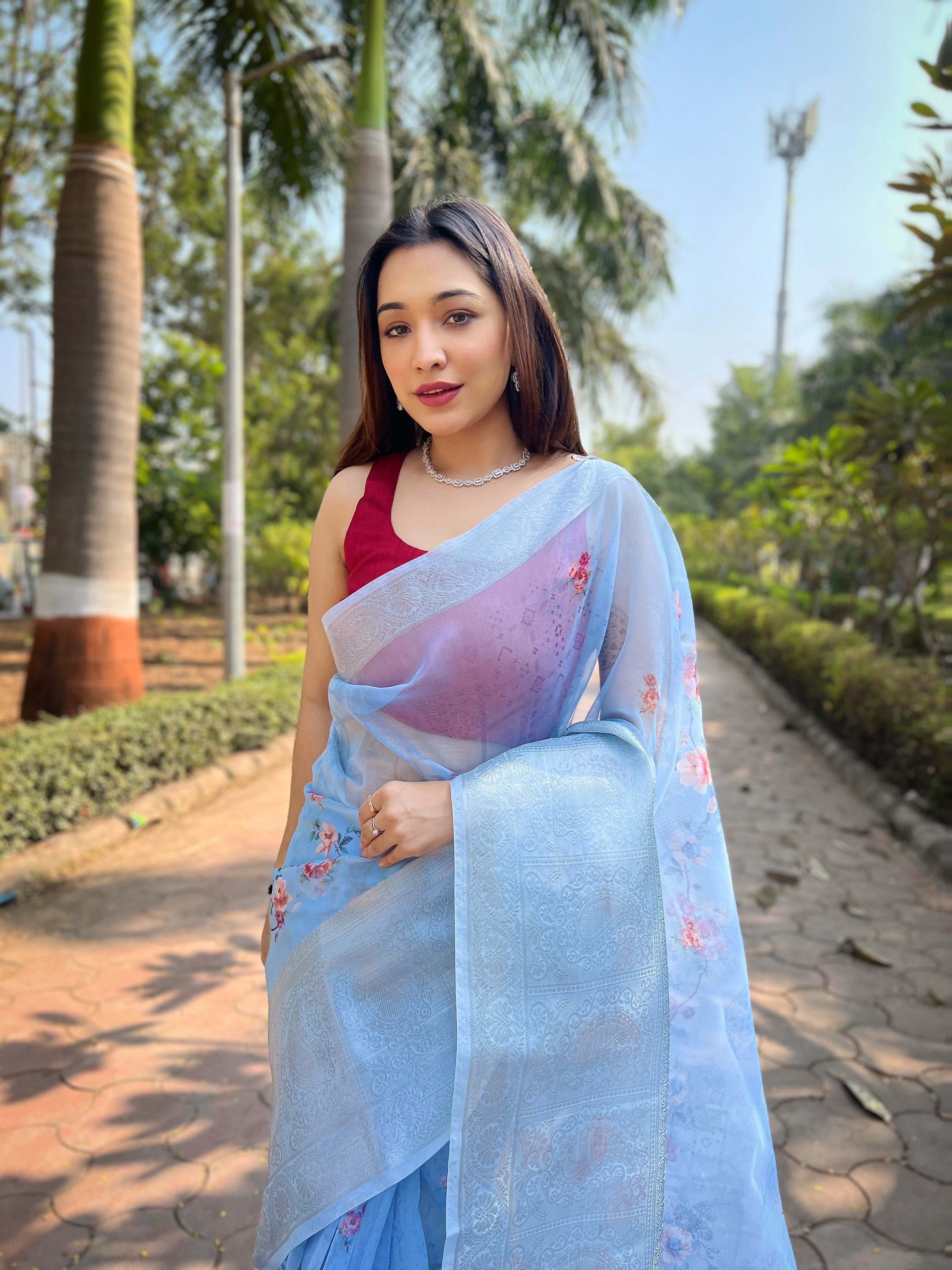 BLUE Organza Saree With Satin Banglori Blouse