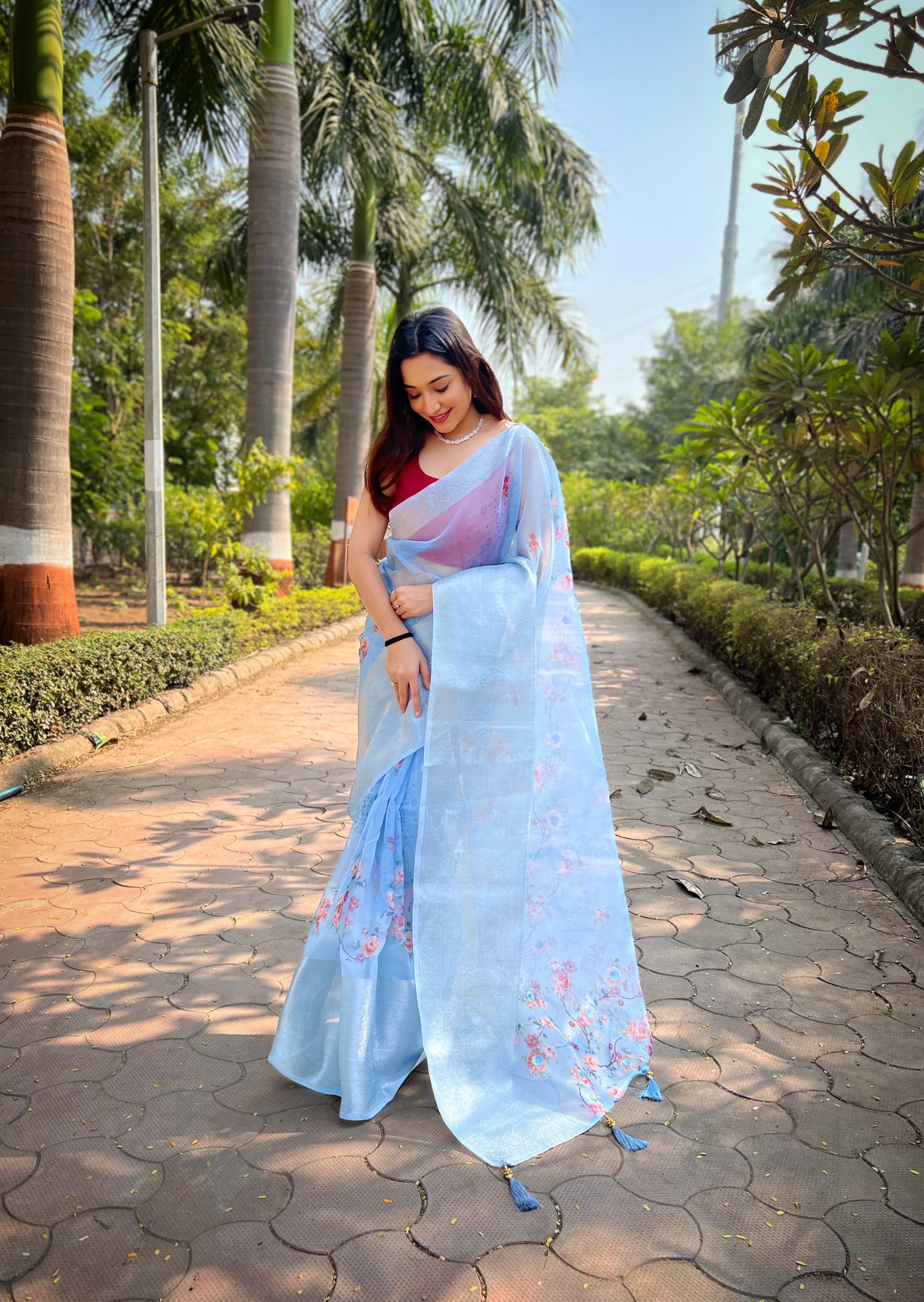 BLUE Organza Saree With Satin Banglori Blouse