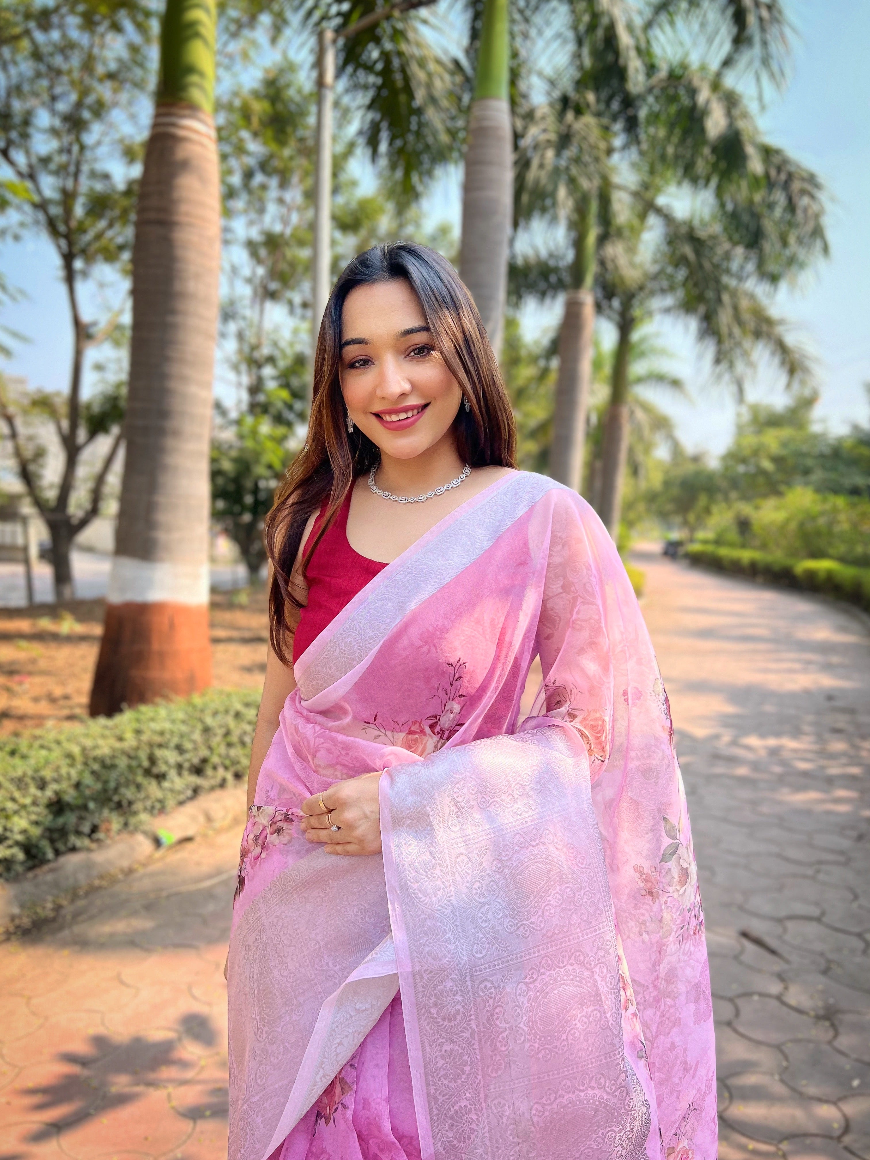 Pink Organza Saree With Satin Banglori Blouse