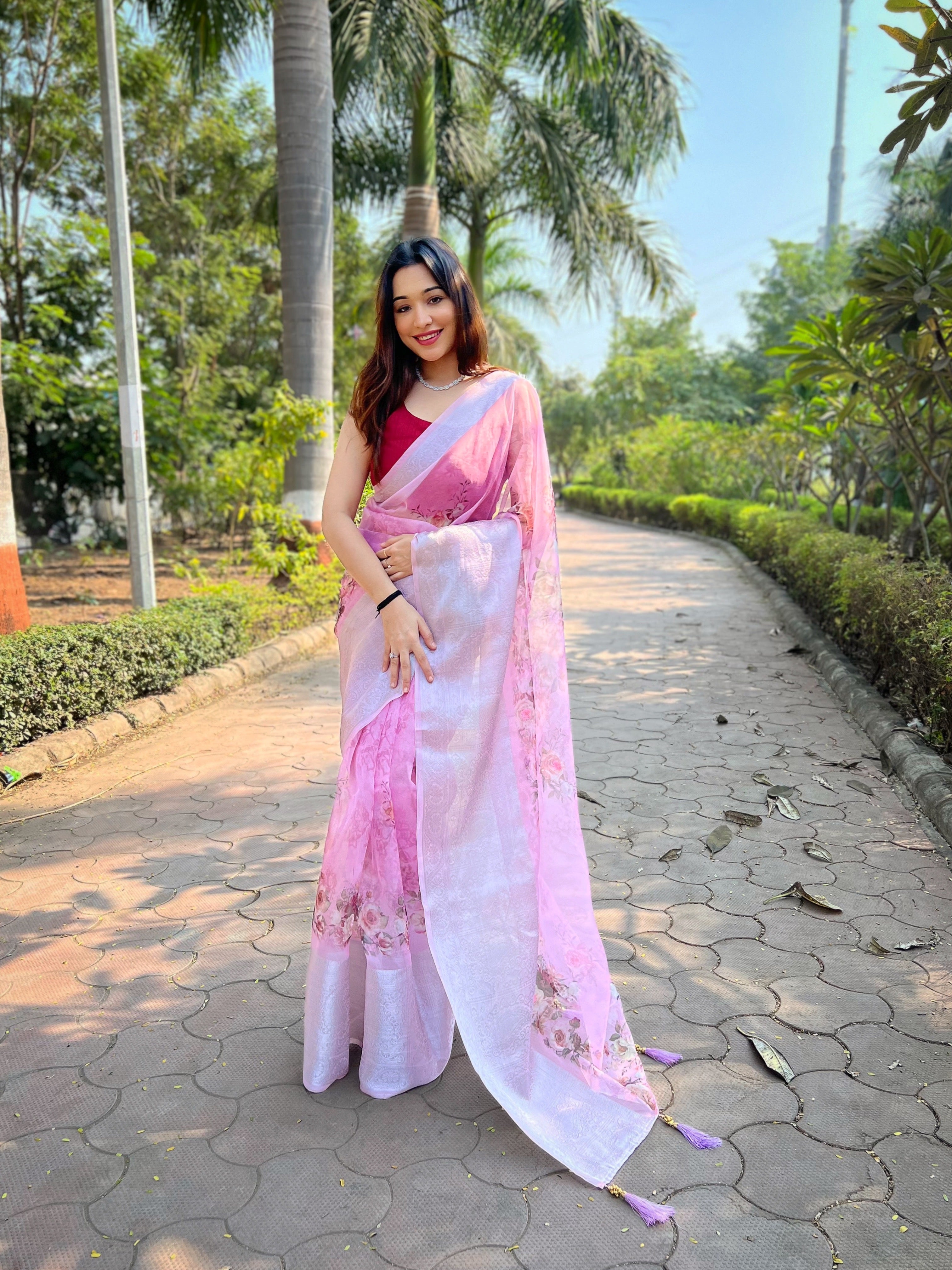 Pink Organza Saree With Satin Banglori Blouse