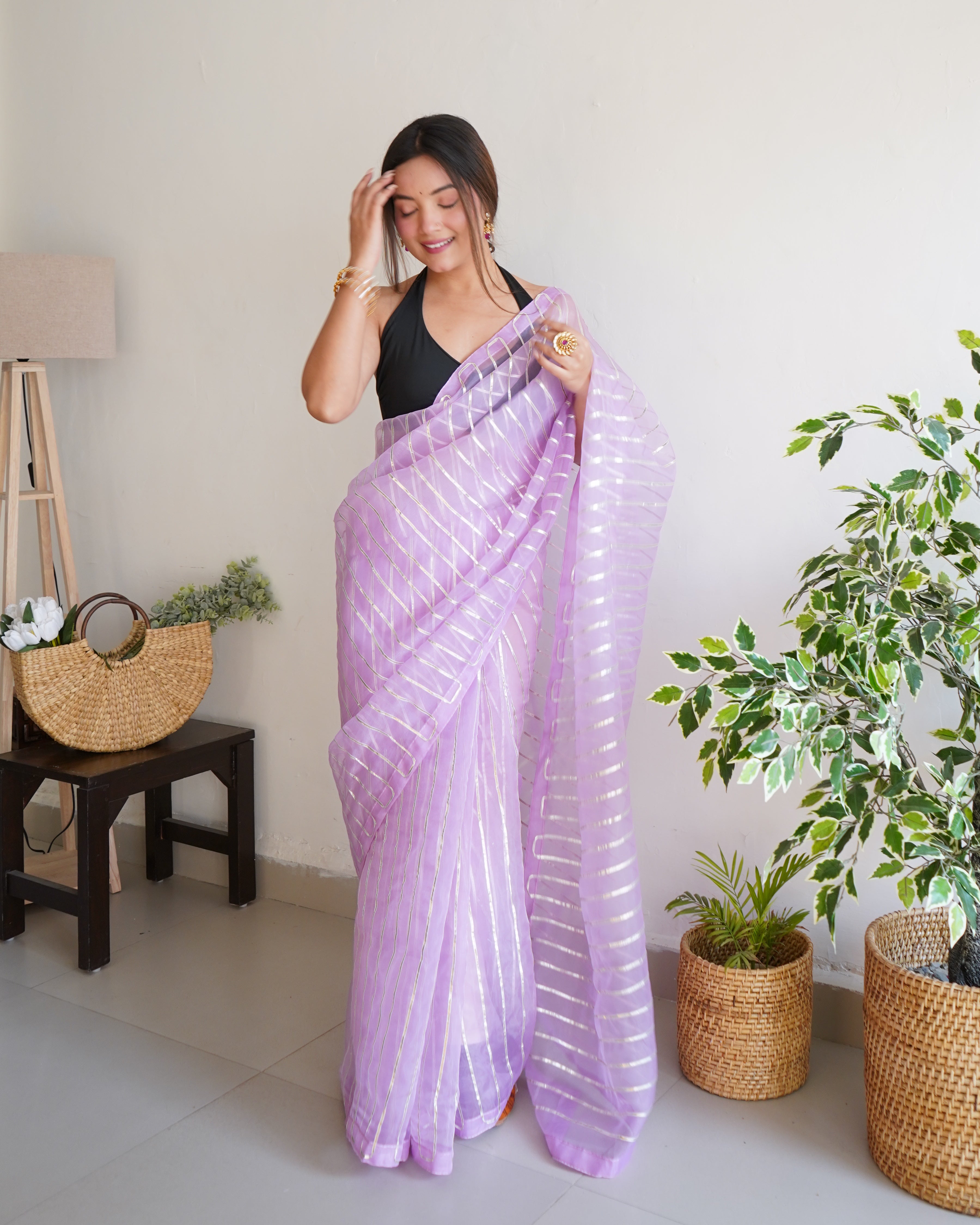 Lavender Organza Silk Saree With Sattin Benglori Blouse