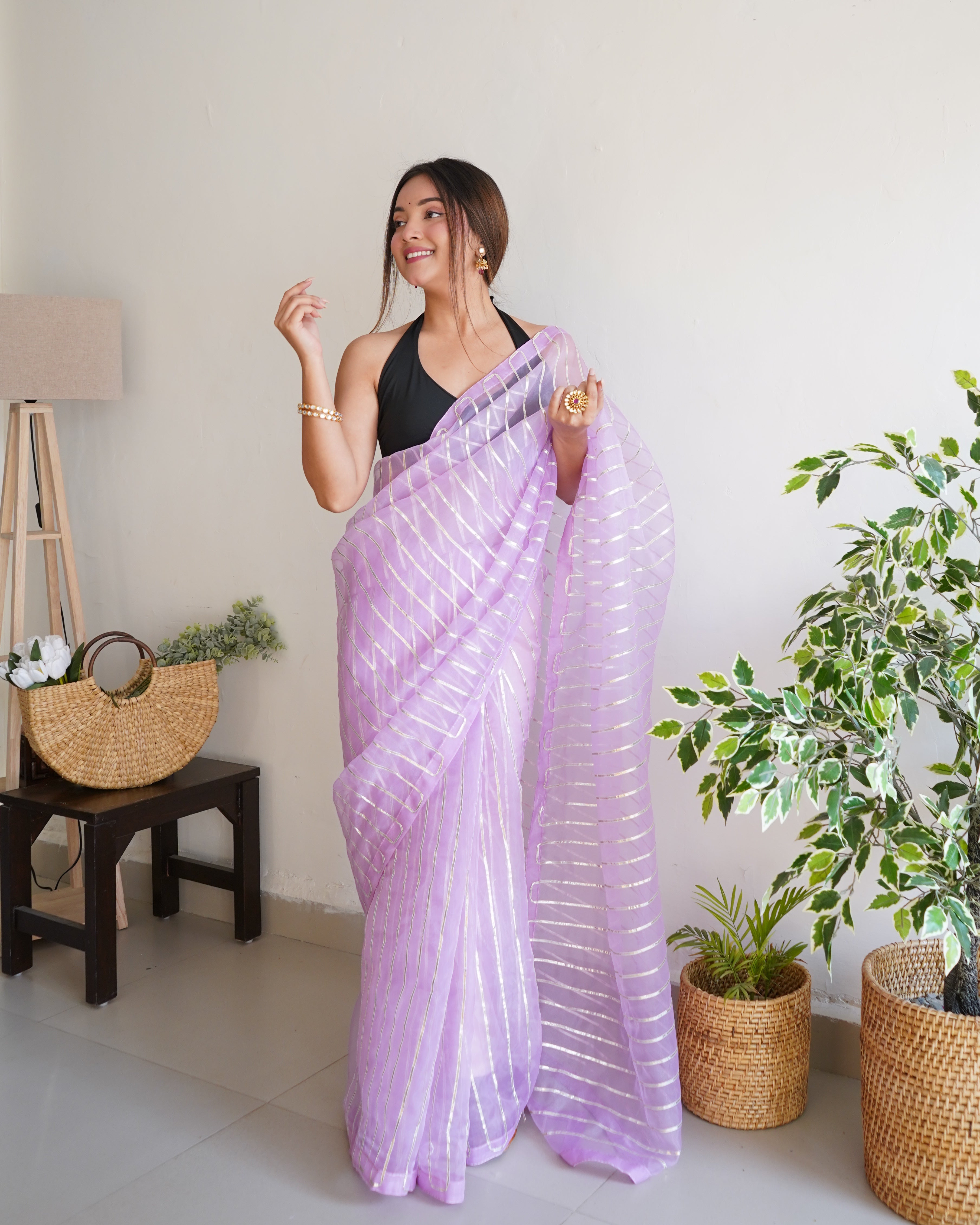 Lavender Organza Silk Saree With Sattin Benglori Blouse