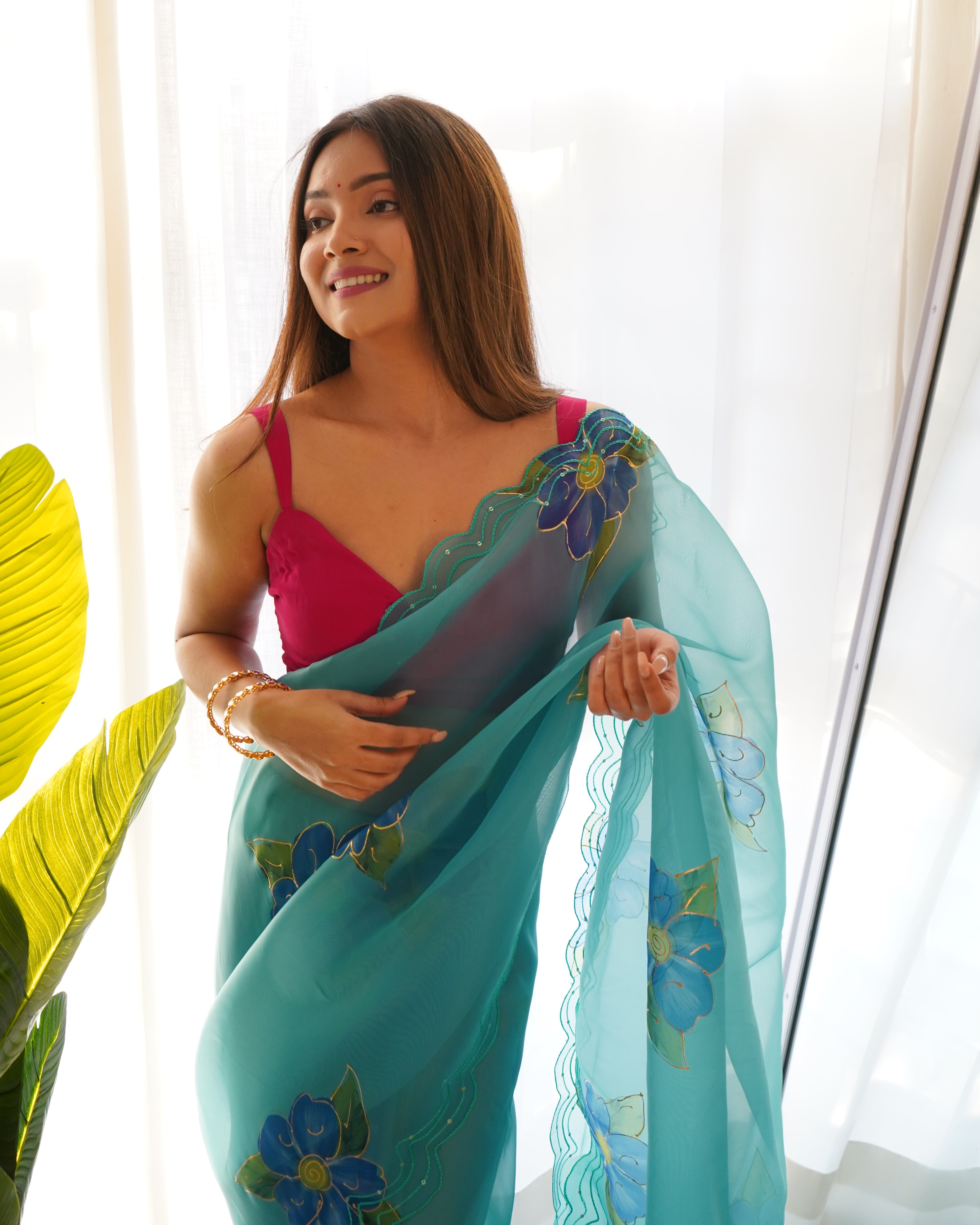 Sky Organza Saree With sattin benglori Blouse