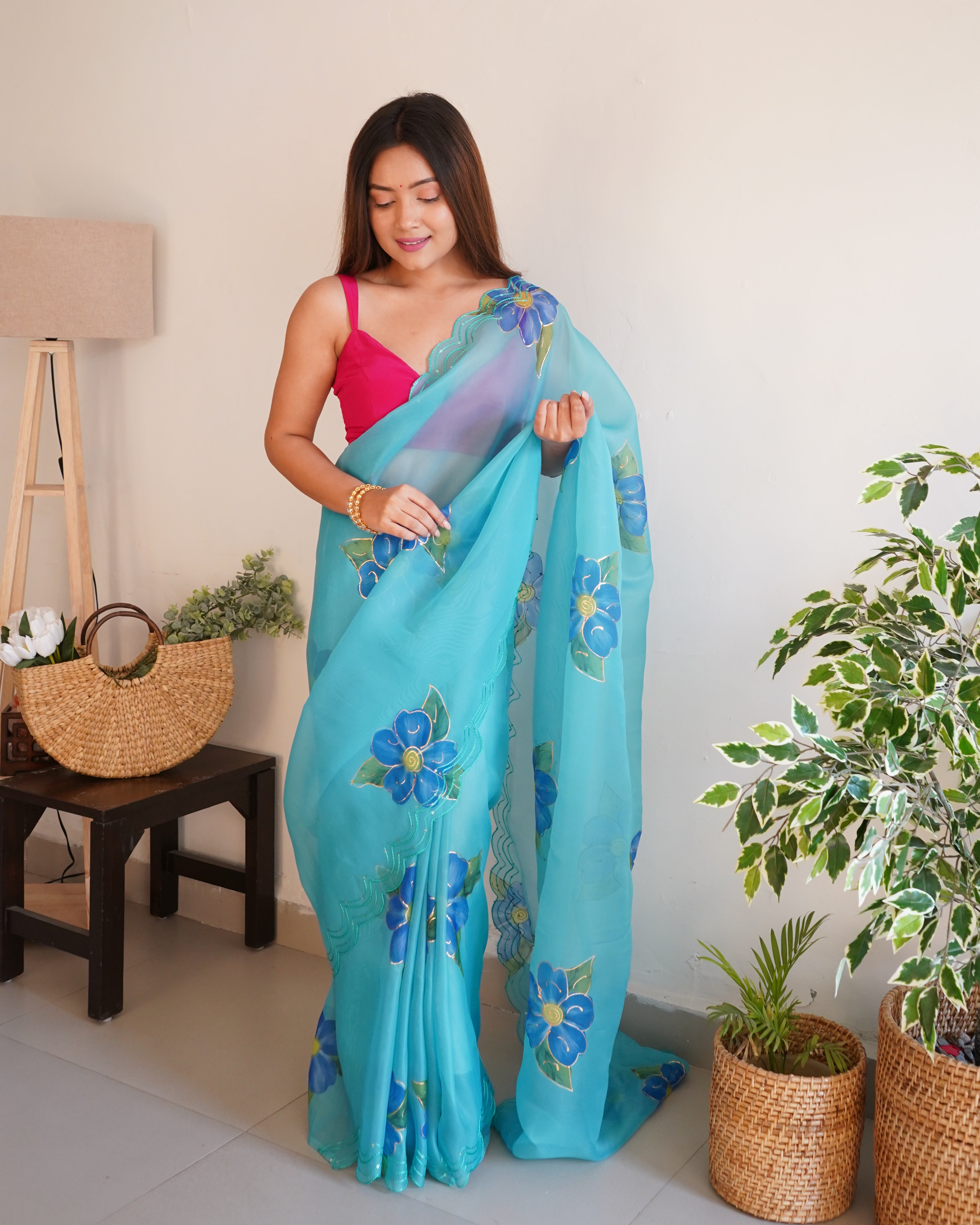 Sky Organza Saree With sattin benglori Blouse