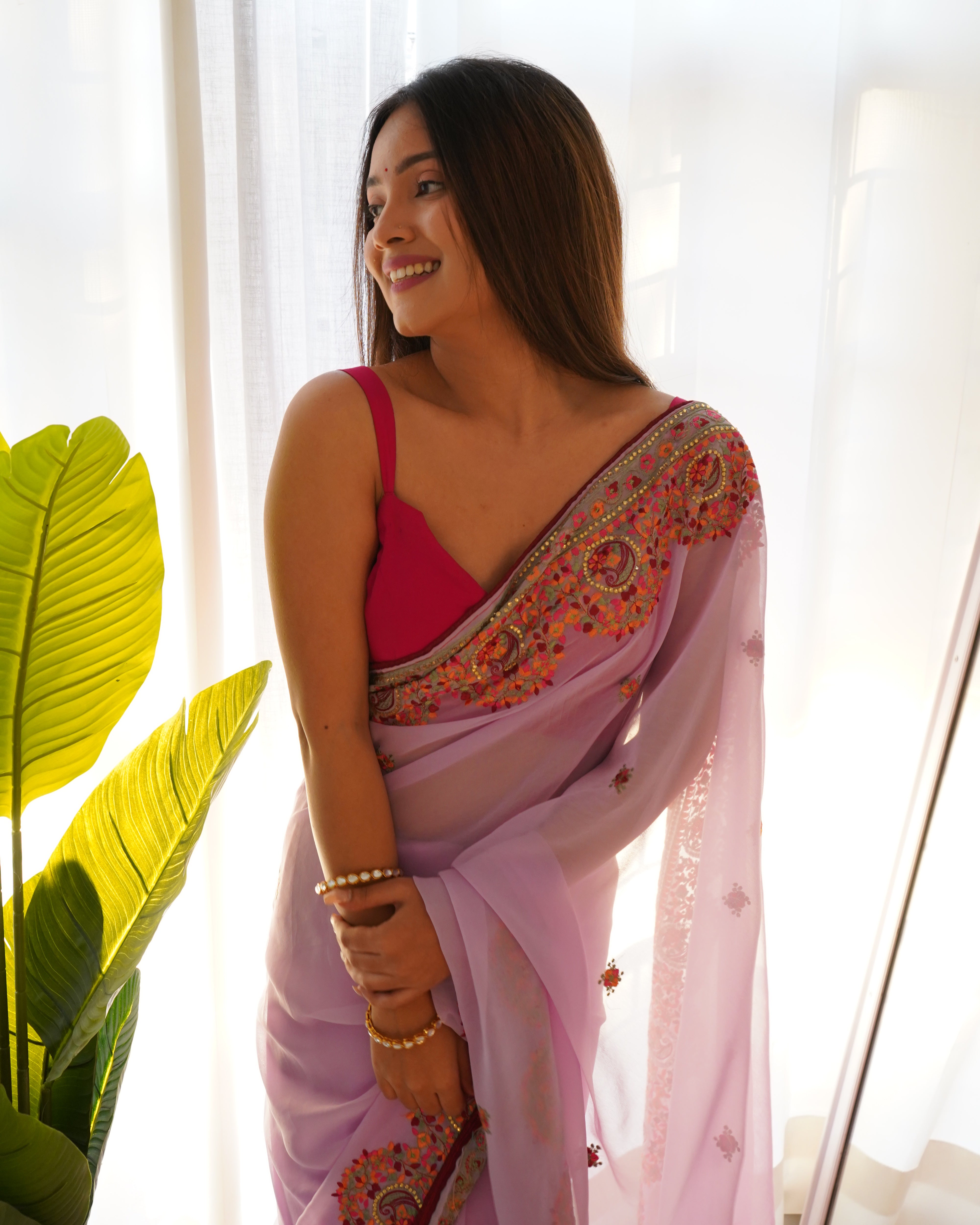 Pink Georgette Saree With Satin Benglori Blouse