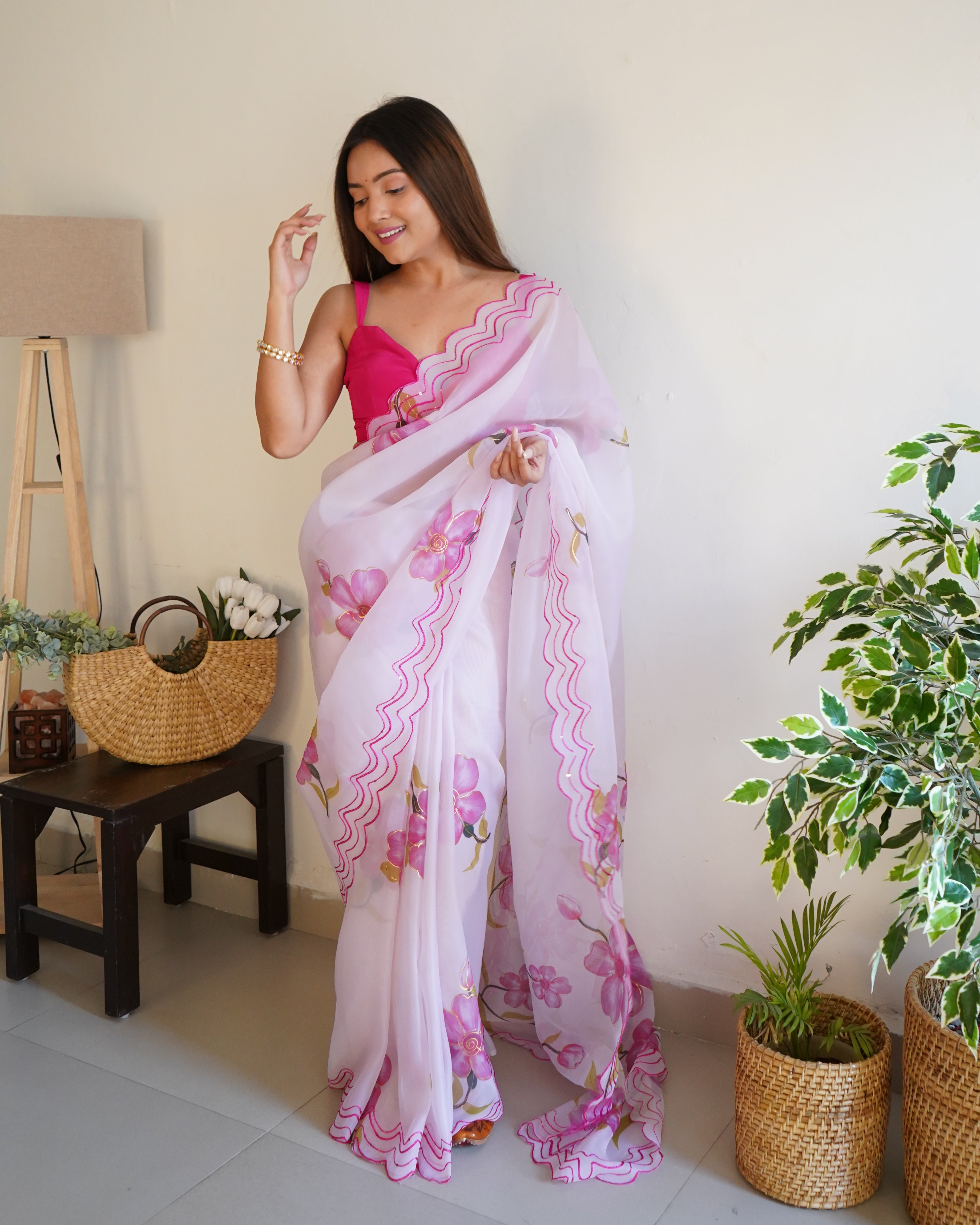 White Organza Saree With sattin benglori Blouse