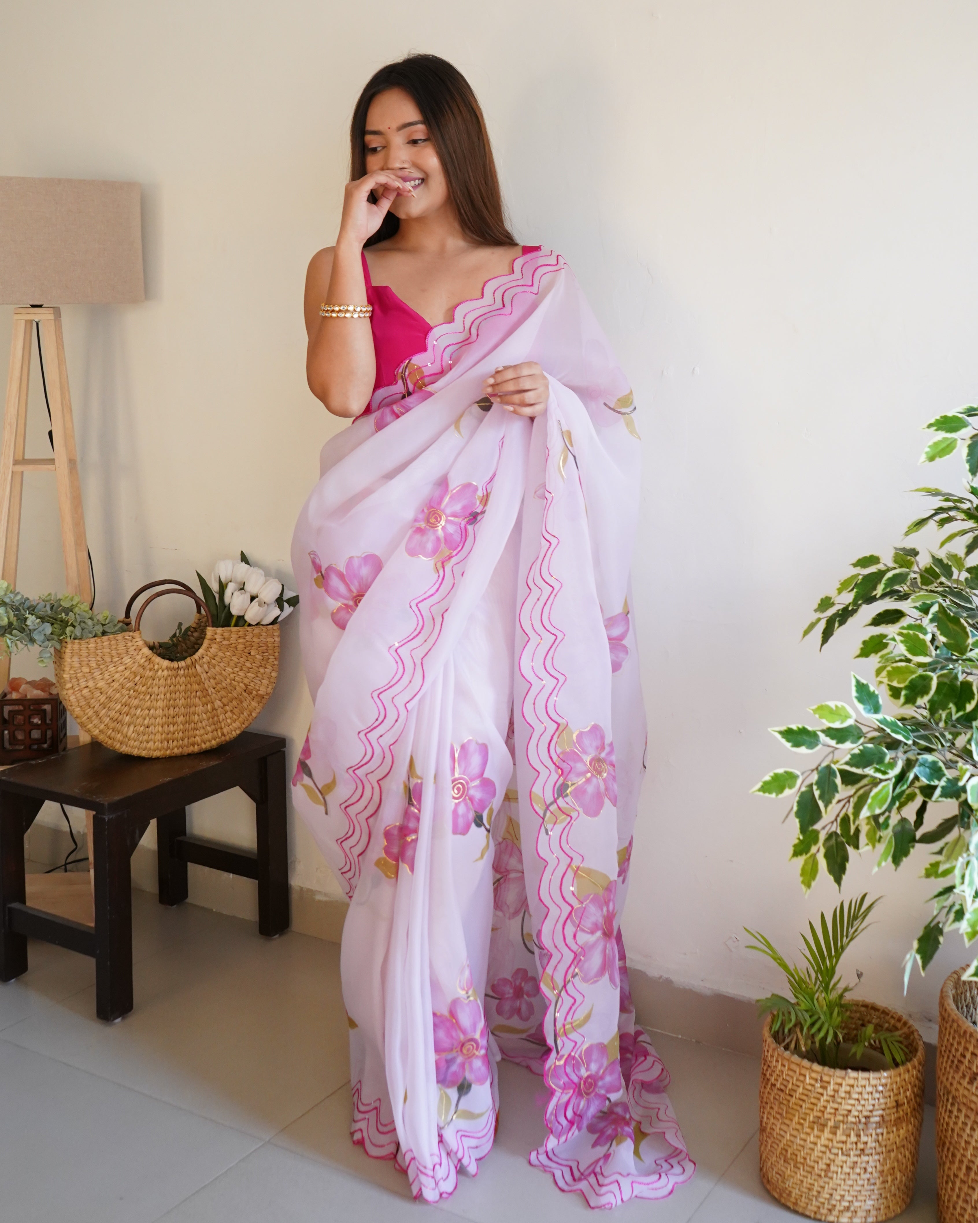 White Organza Saree With sattin benglori Blouse