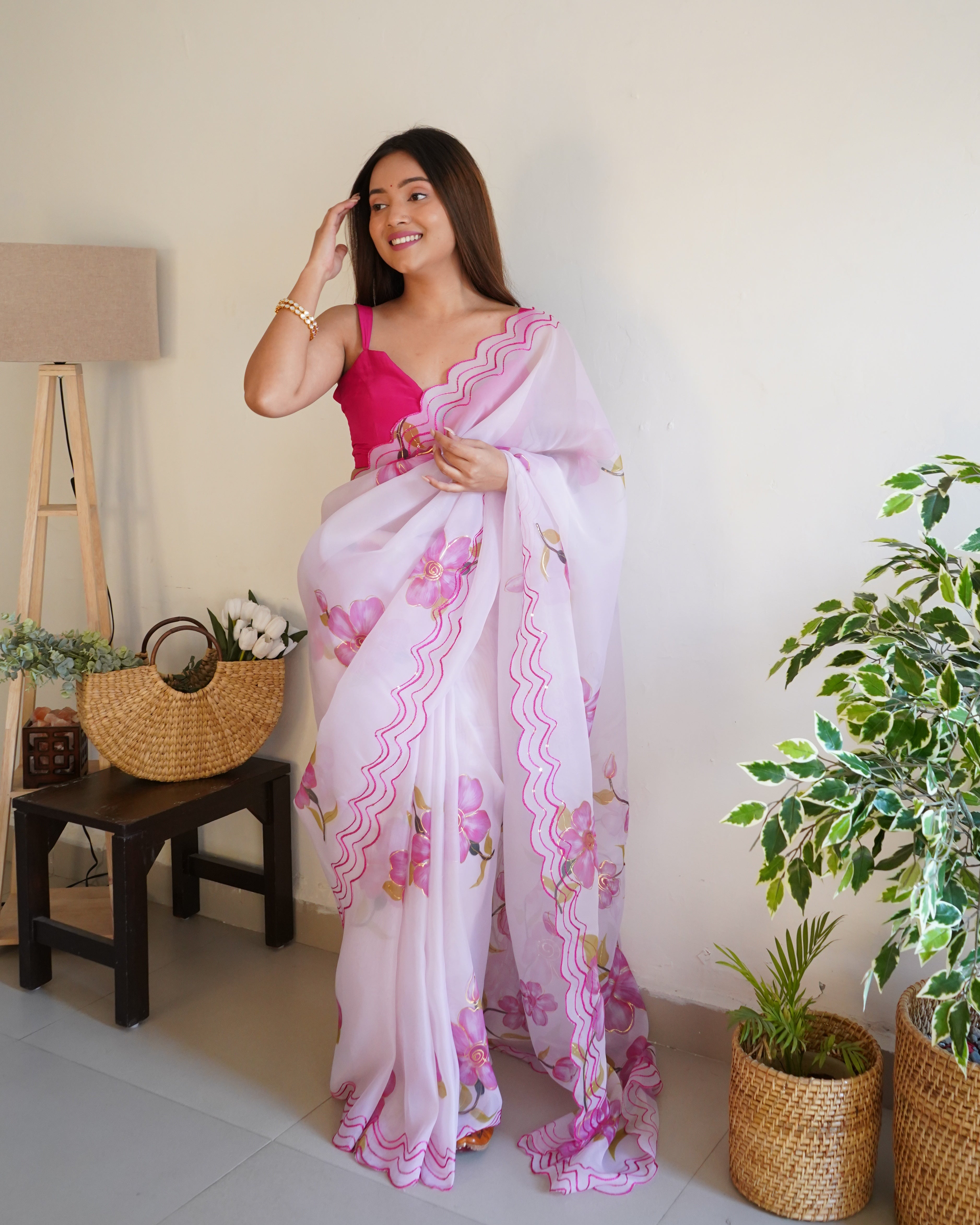 White Organza Saree With sattin benglori Blouse