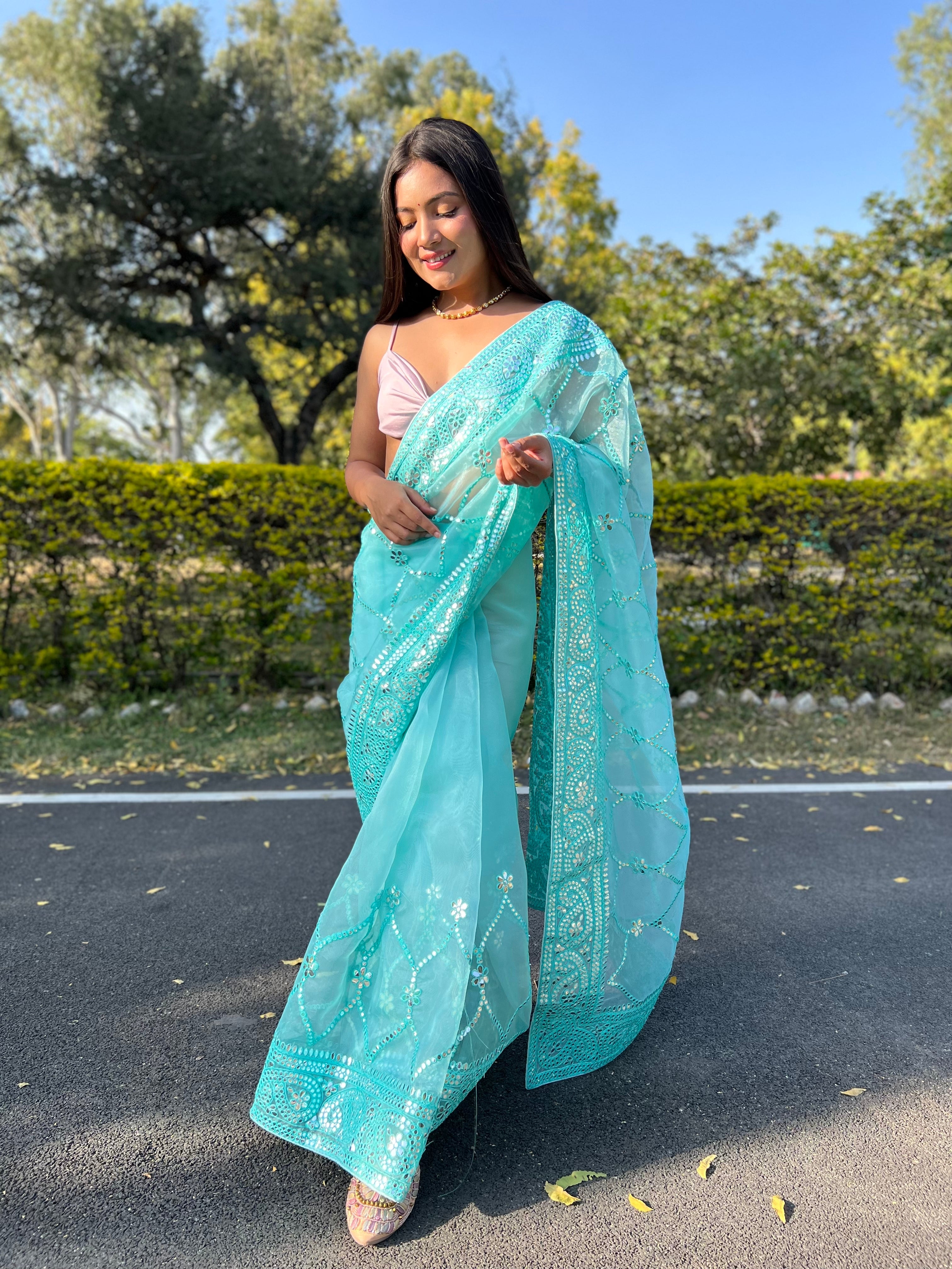 BLUE Organza Saree With Satin Benglori Blouse