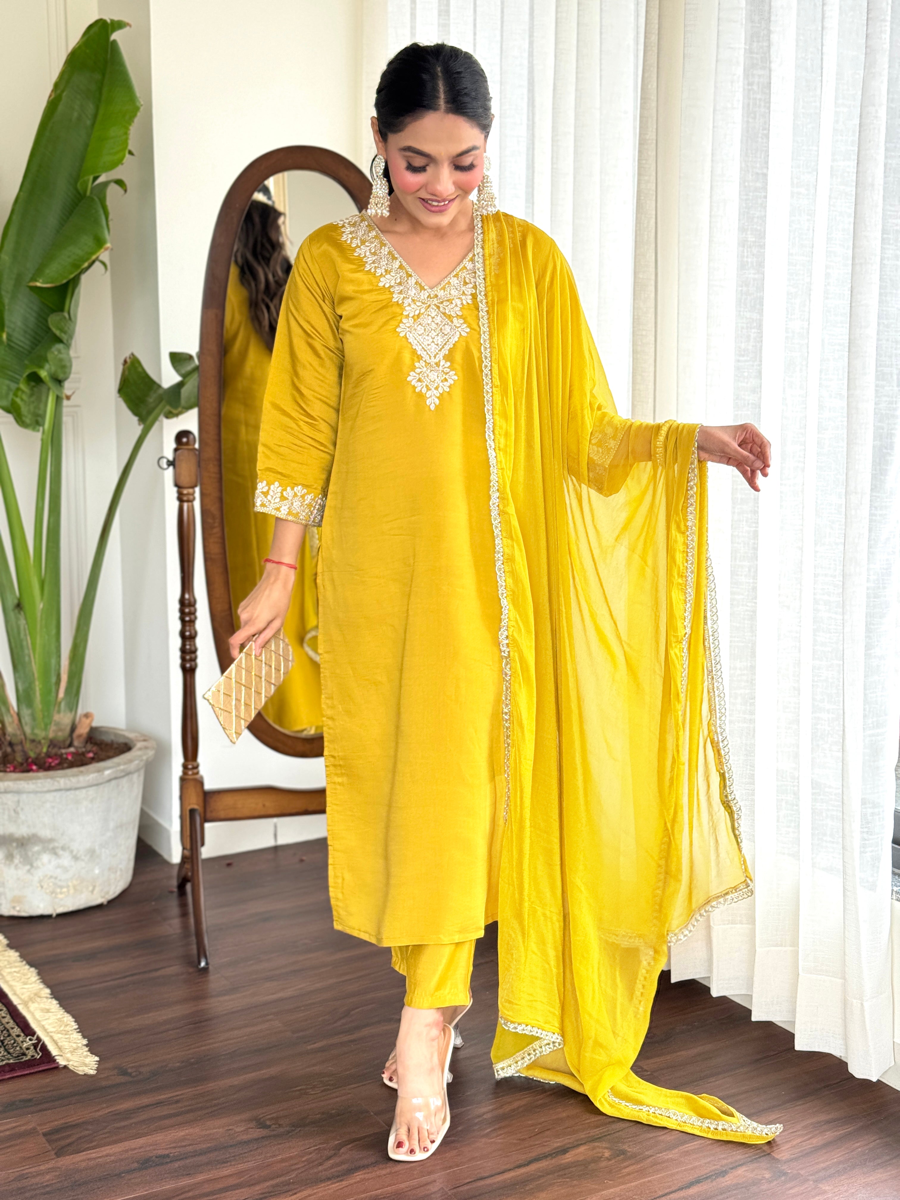 Yellow Chanderi Embroidery Dress