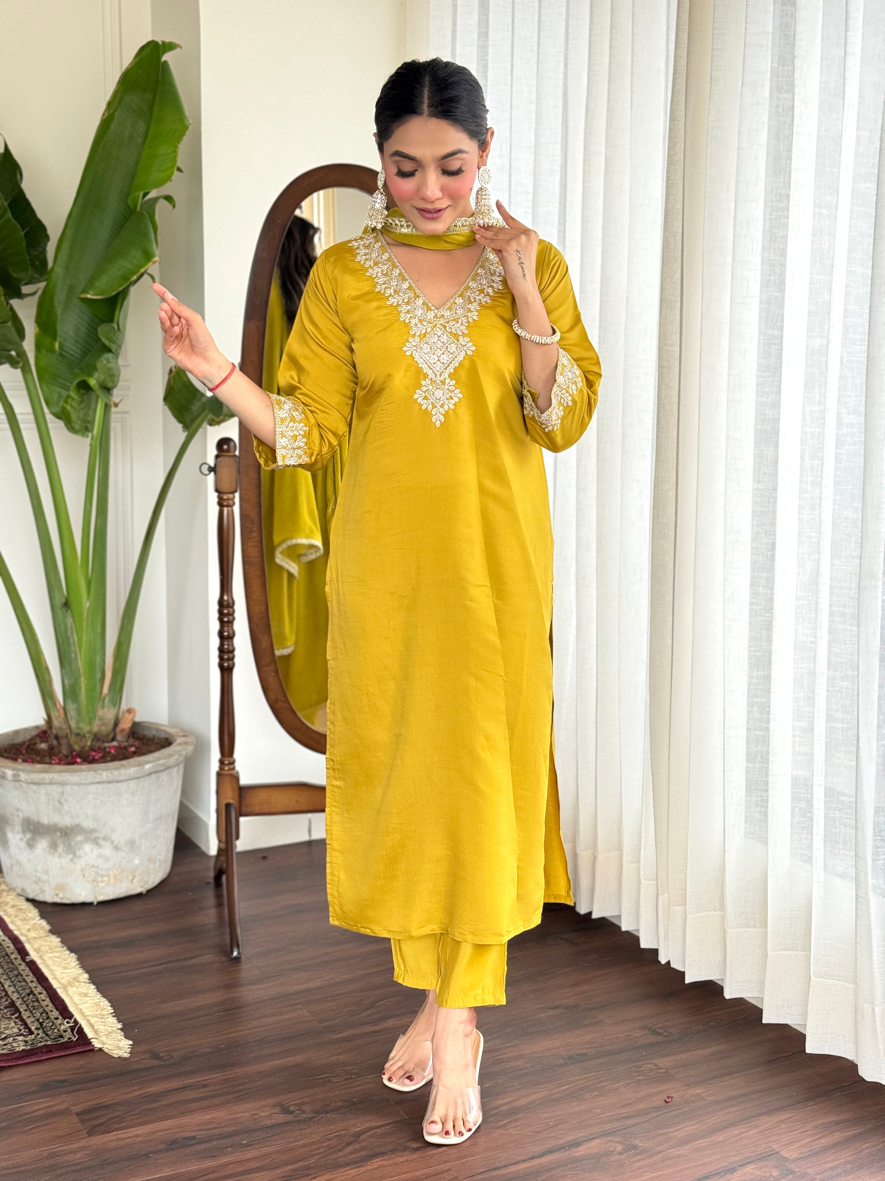 Yellow Chanderi Embroidery Dress