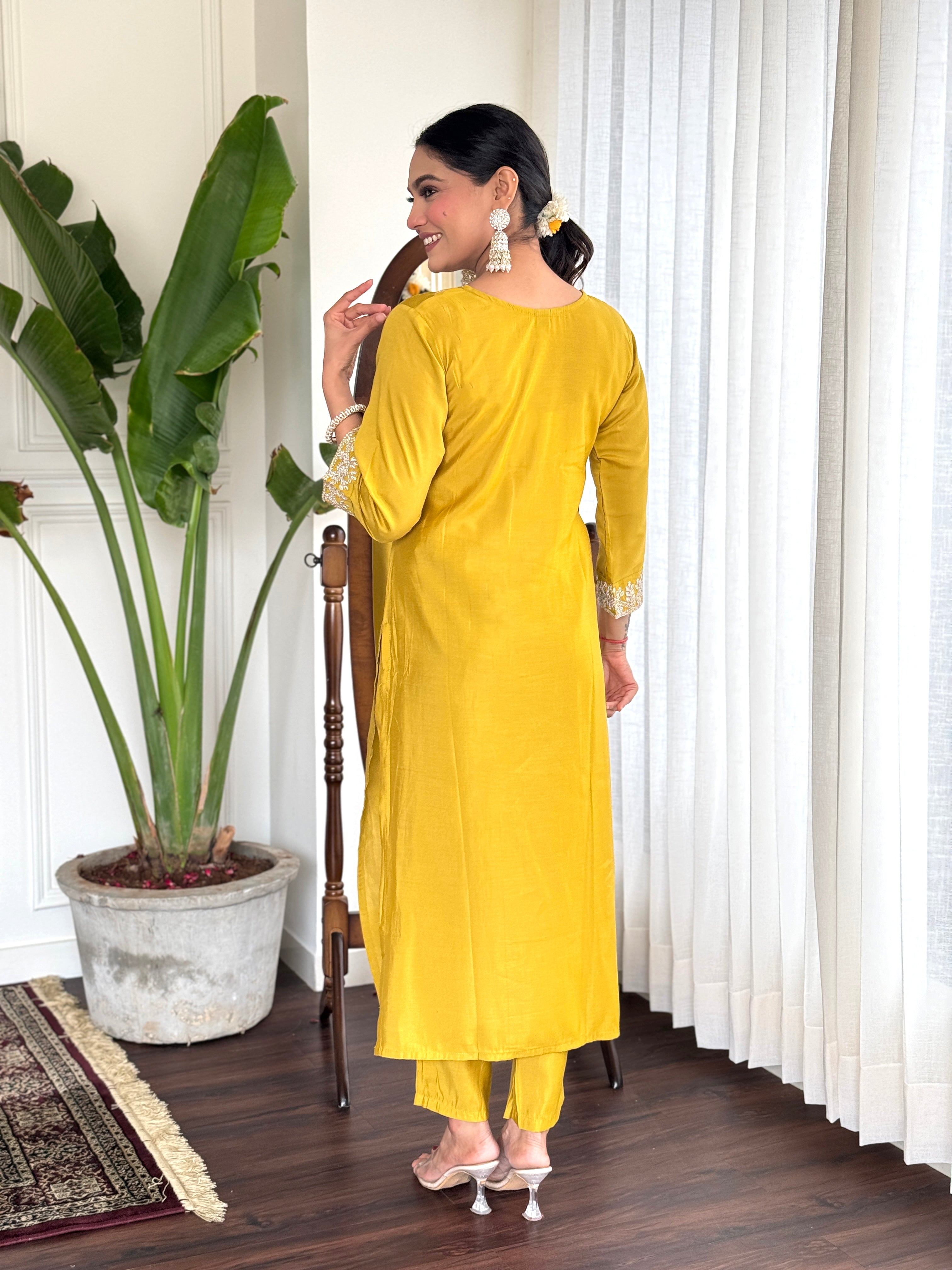 Yellow Chanderi Embroidery Dress