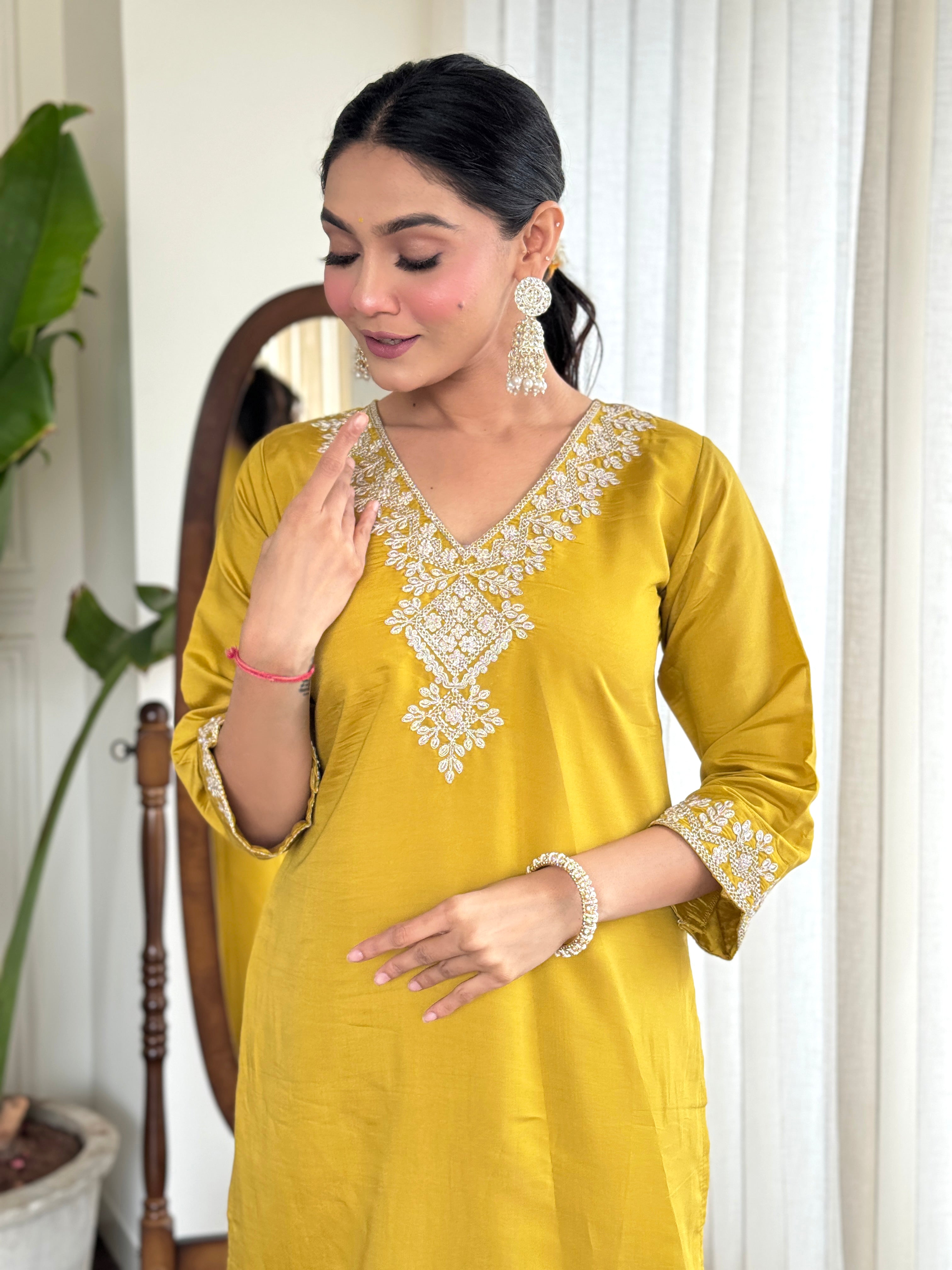 Yellow Chanderi Embroidery Dress