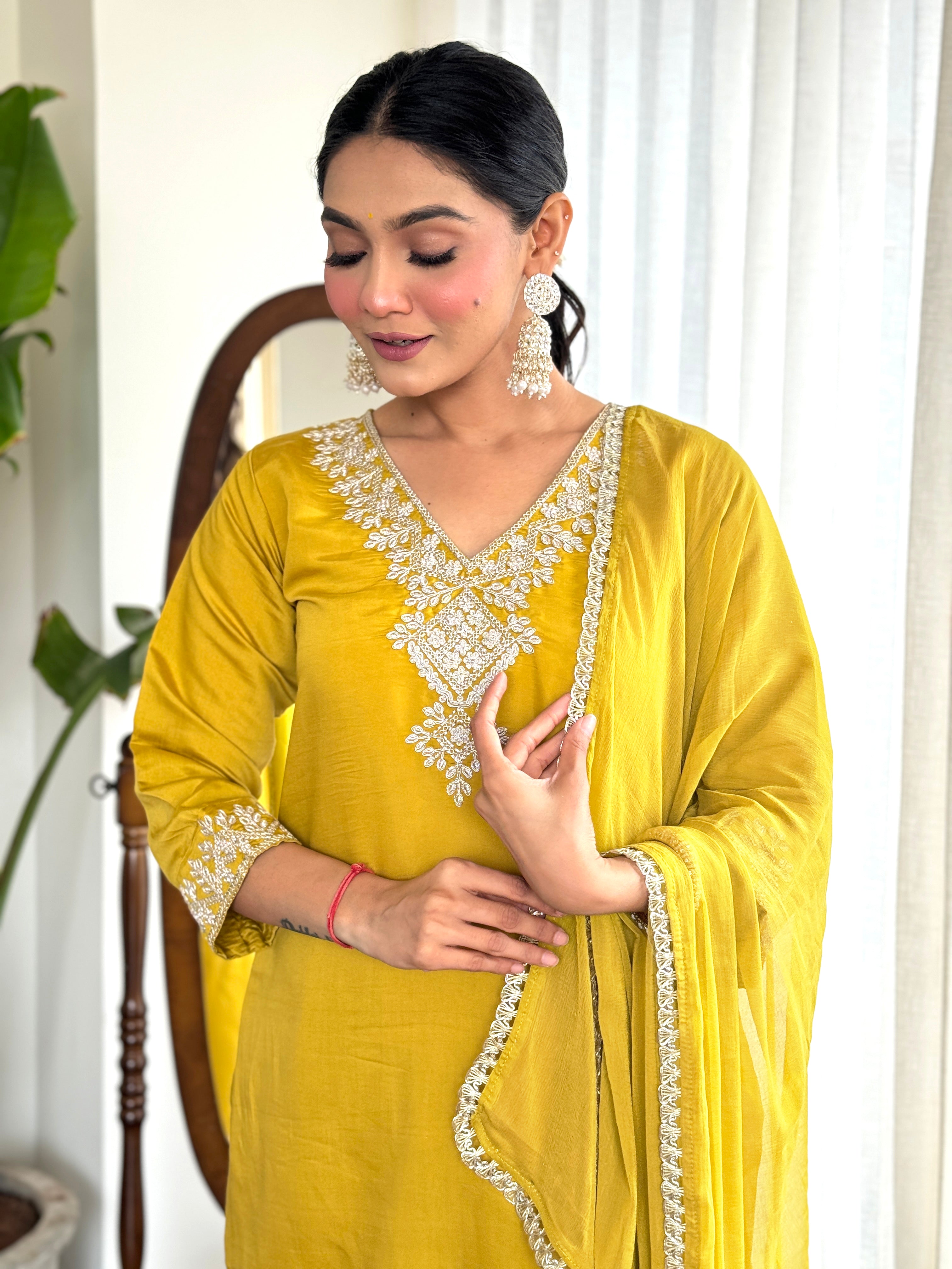 Yellow Chanderi Embroidery Dress