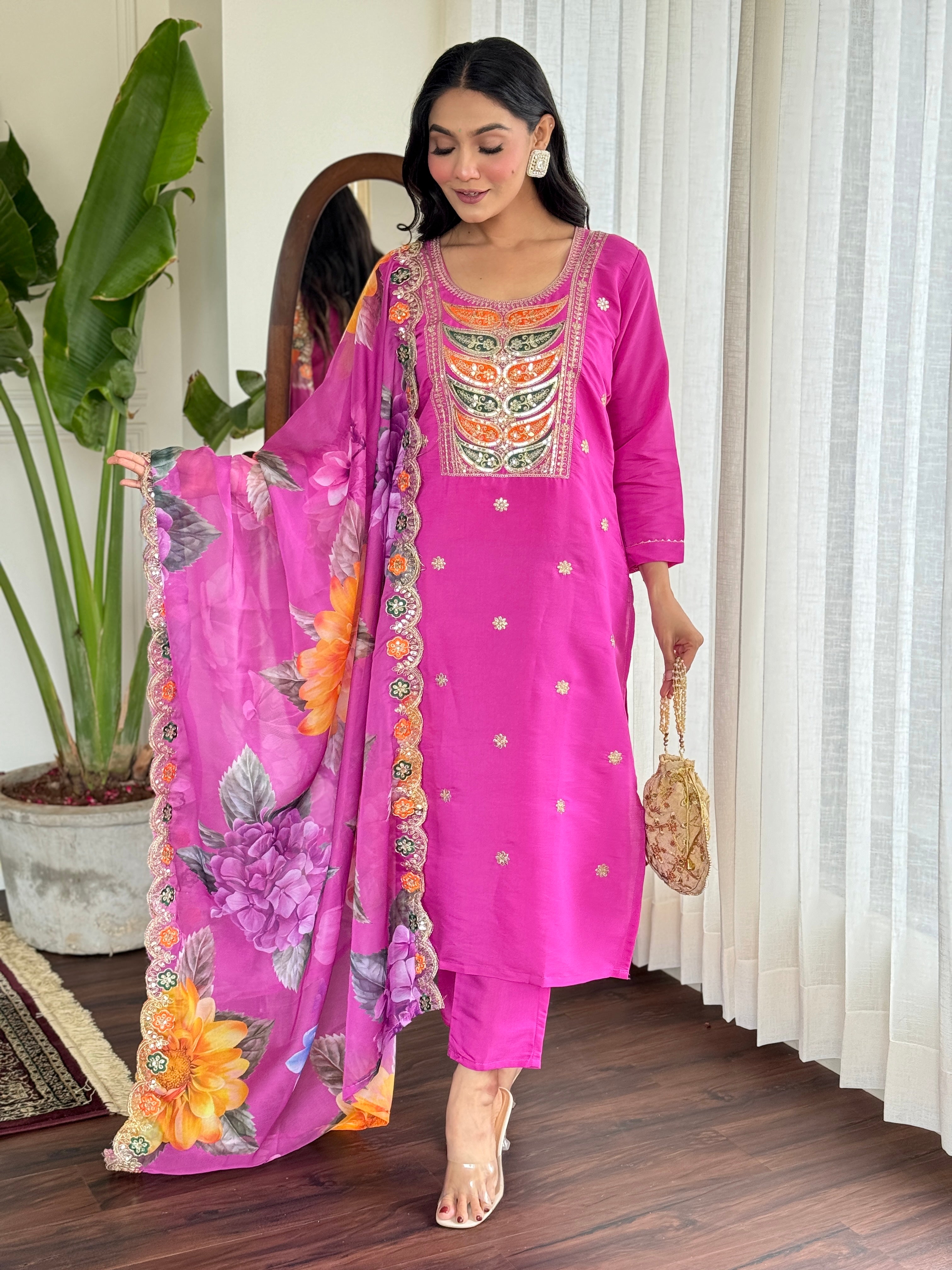 Pink Women Embrodairy Stright Kurta Set