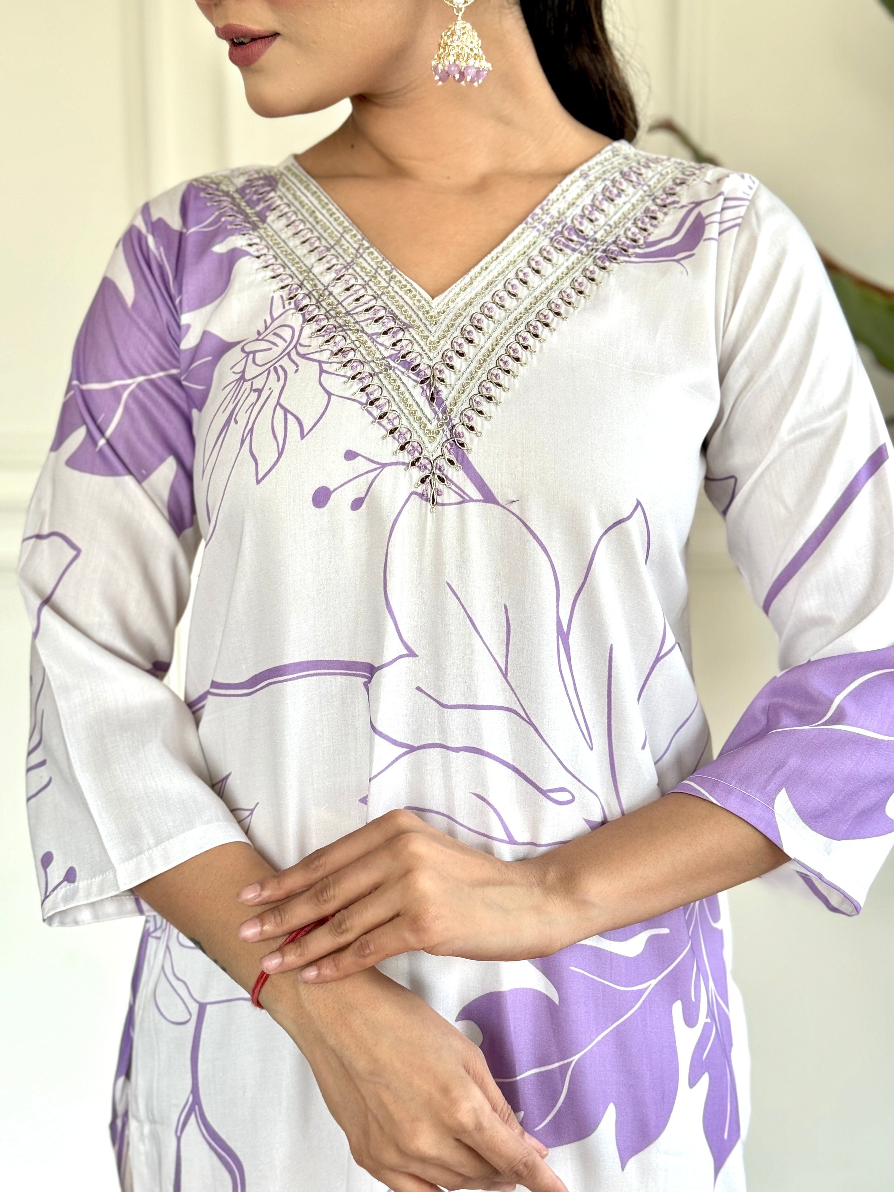 White Blue Women Embroidery Rayon Printed Silk Kurta Set