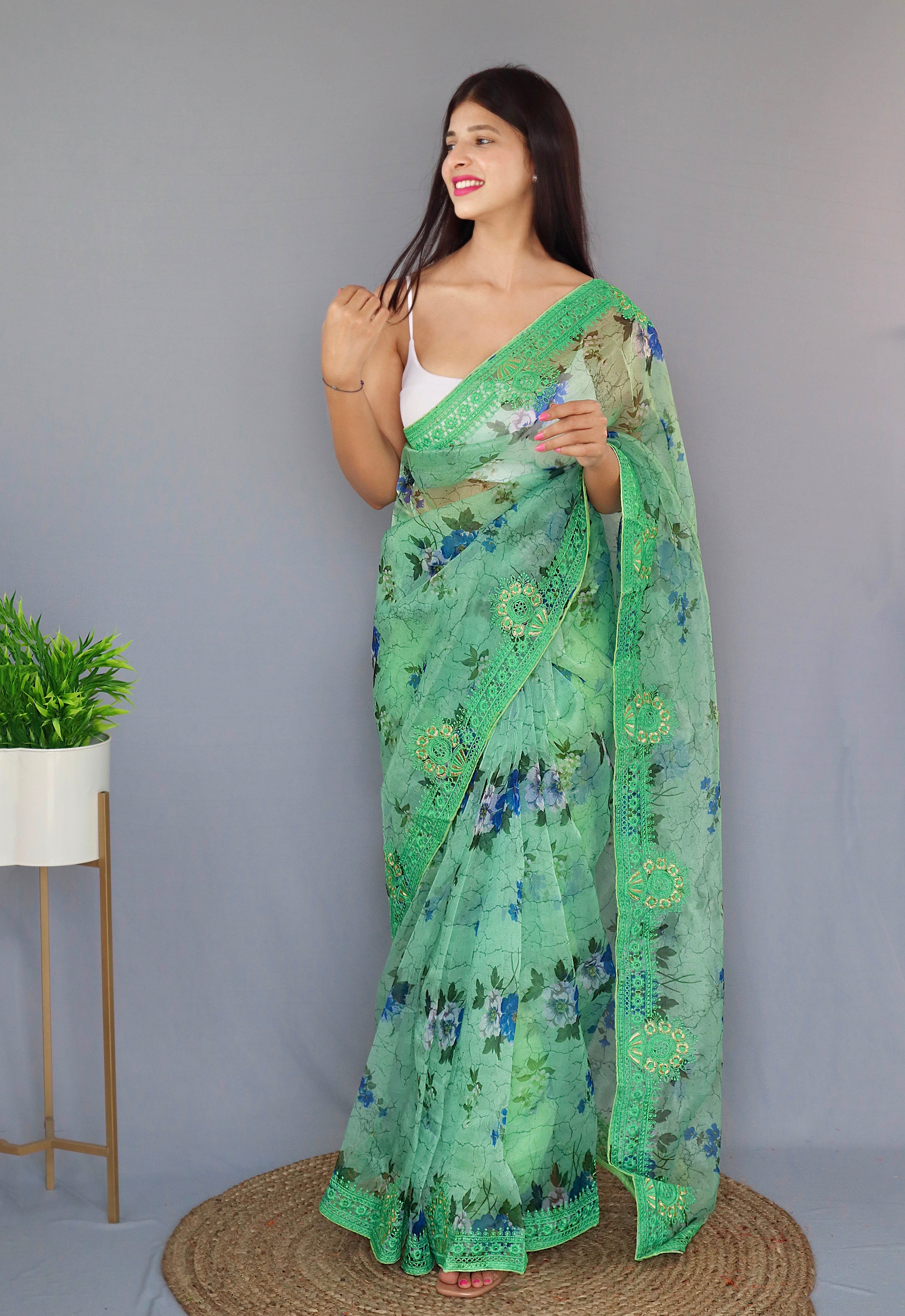 GREEN Organza Saree With Satin Benglori Blouse