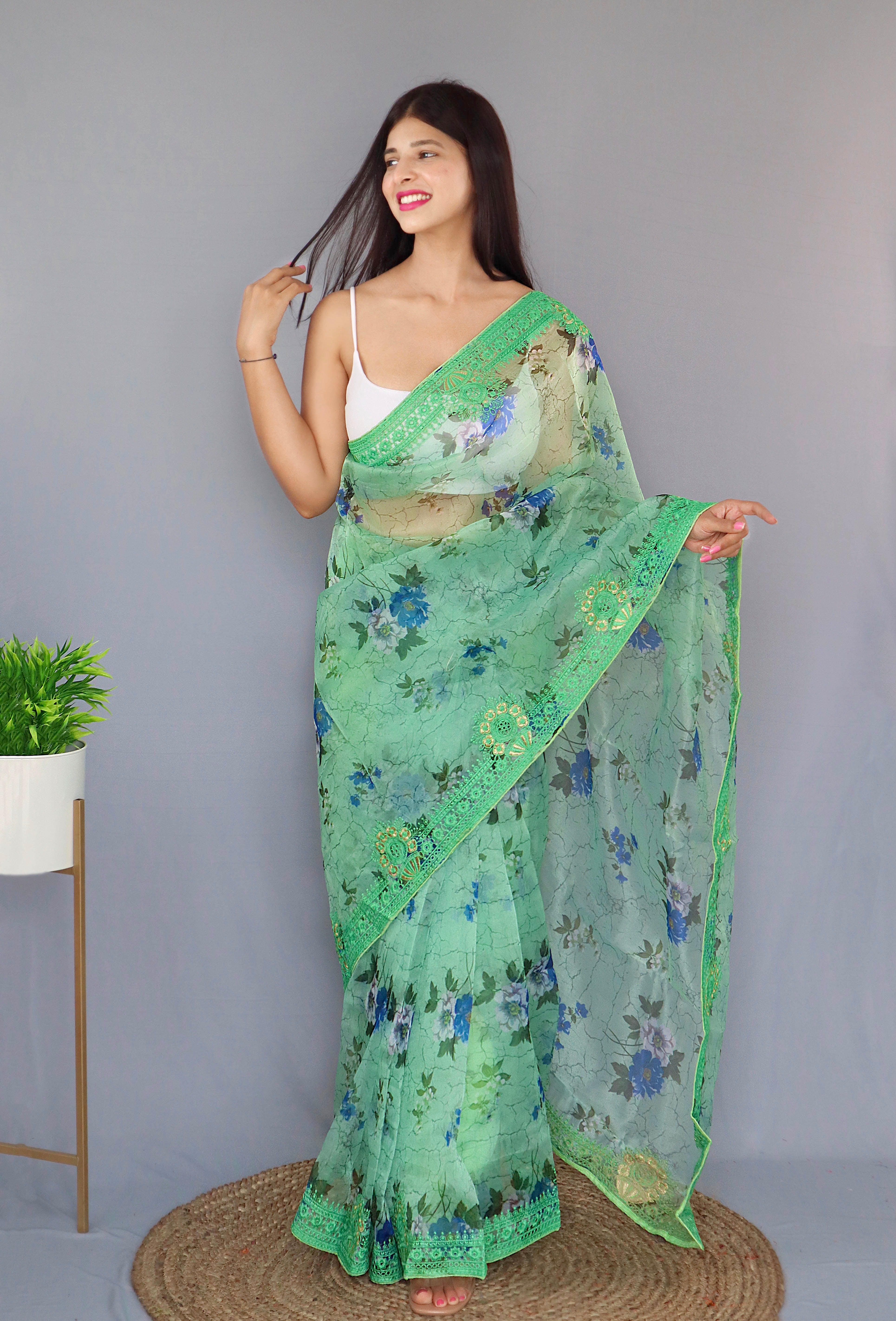 GREEN Organza Saree With Satin Benglori Blouse