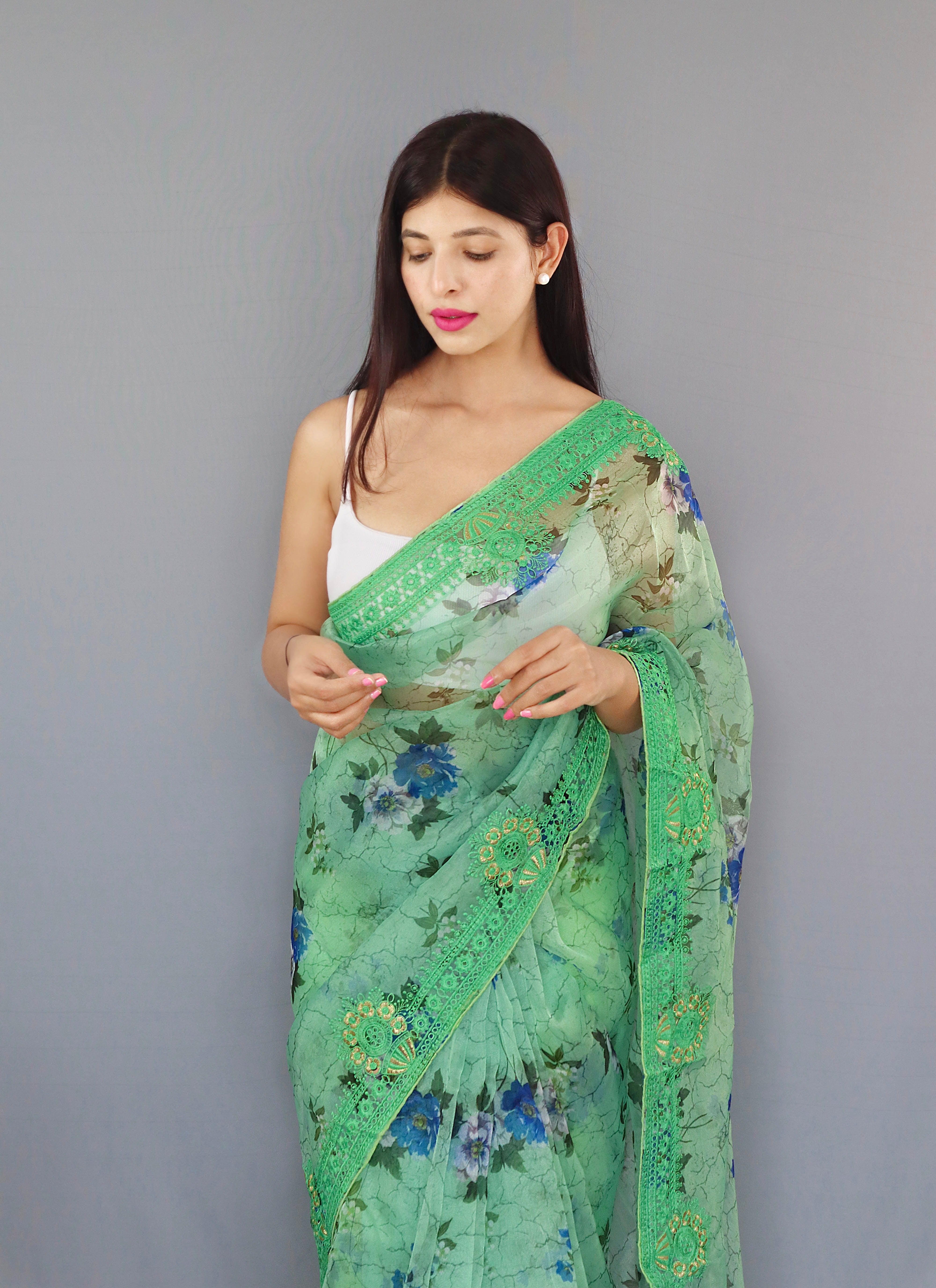 GREEN Organza Saree With Satin Benglori Blouse