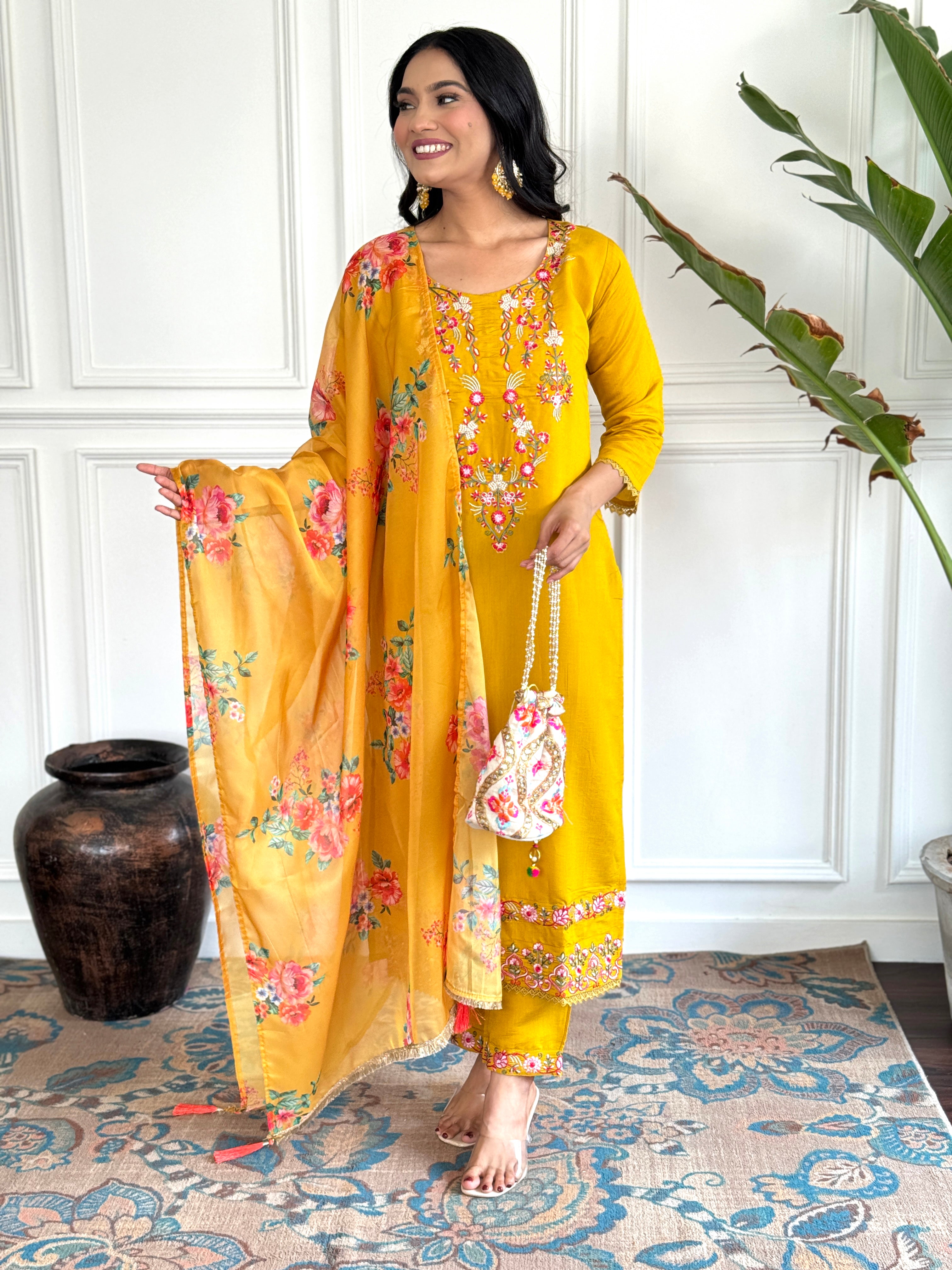 Yellow Women Embroidered Chanderi kurta set