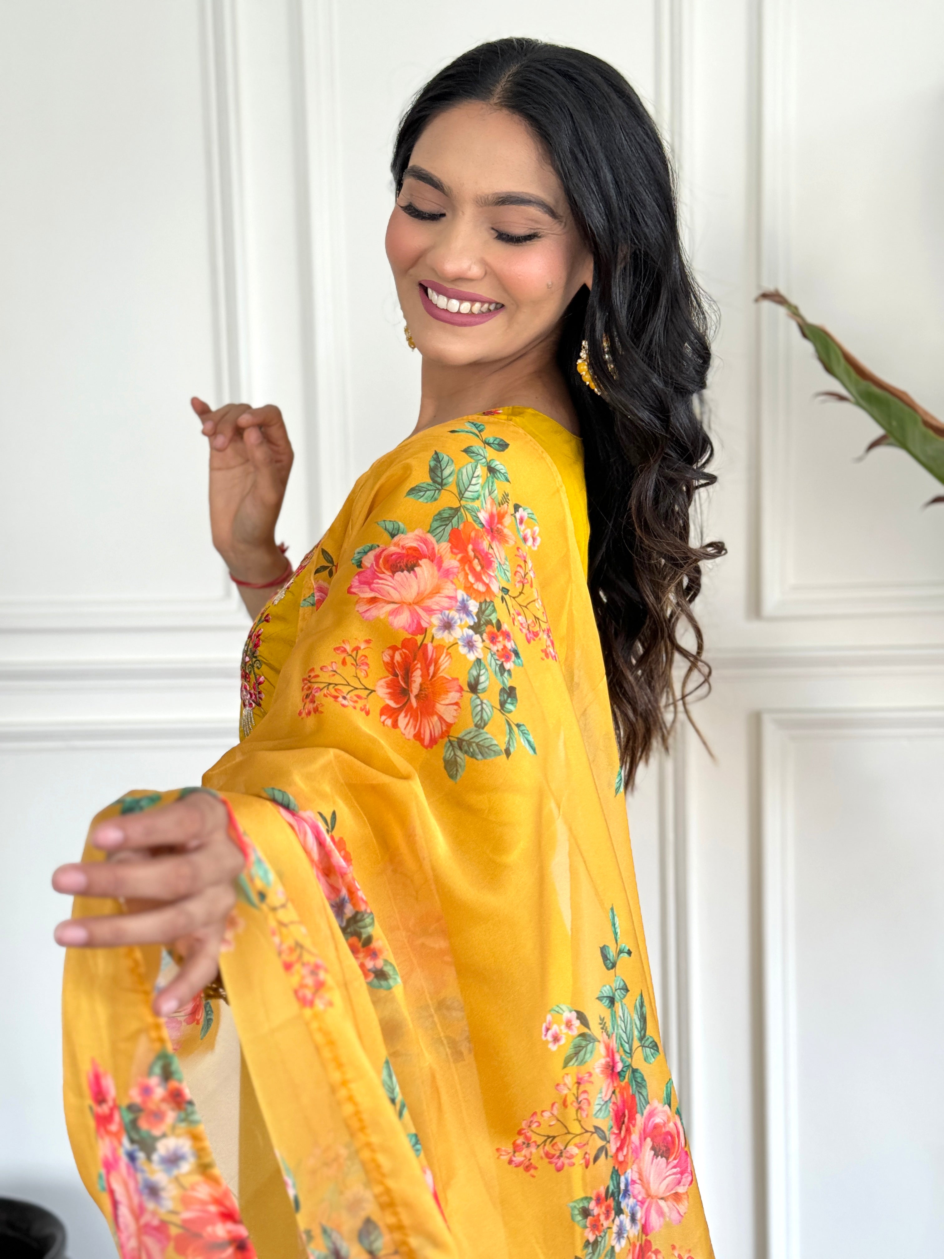 Yellow Women Embroidered Chanderi kurta set