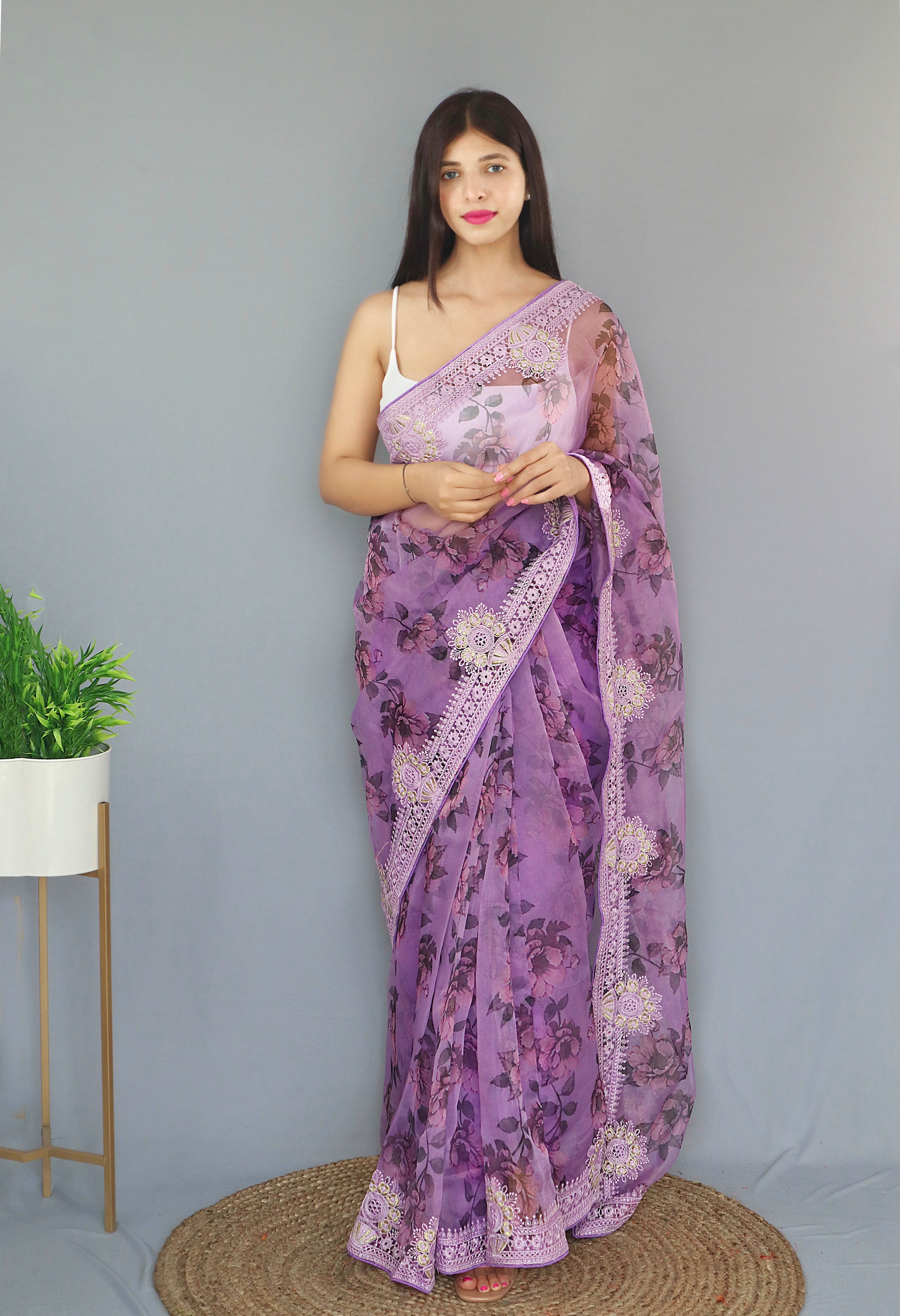 Pink Organza Saree With Satin Benglori Blouse