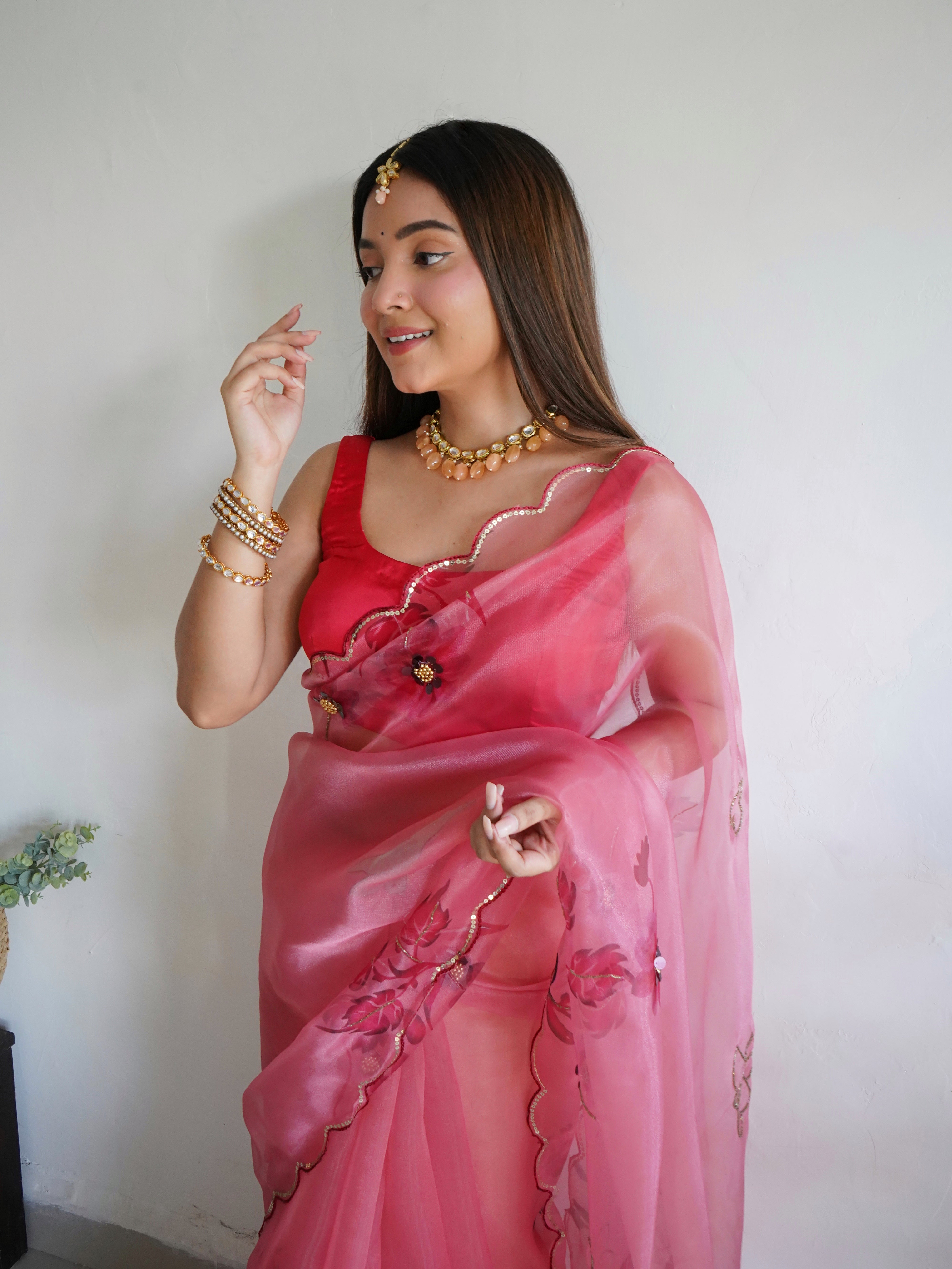 Peach Organza Saree With Banglori sattin Blouse