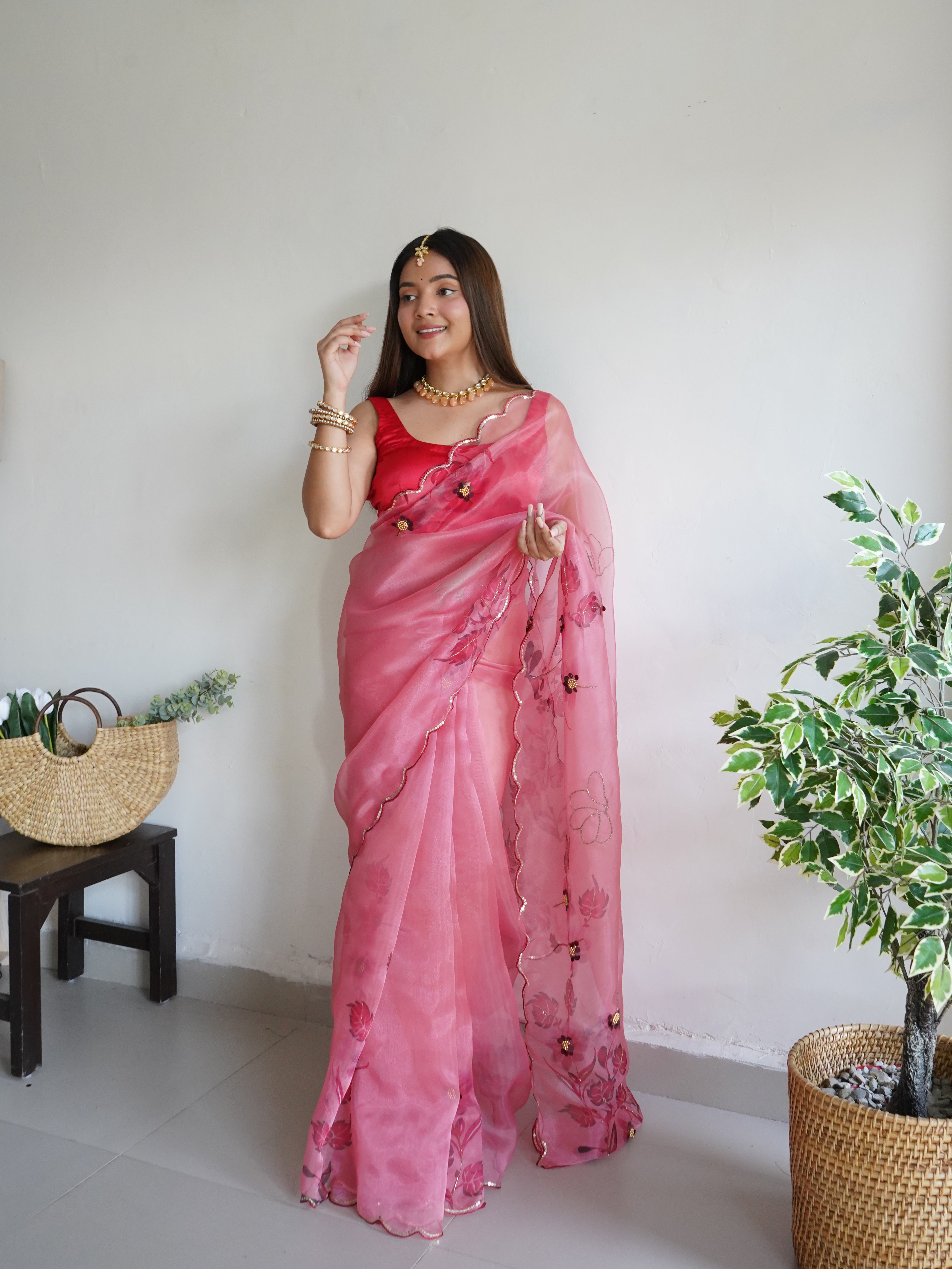 Peach Organza Saree With Banglori sattin Blouse