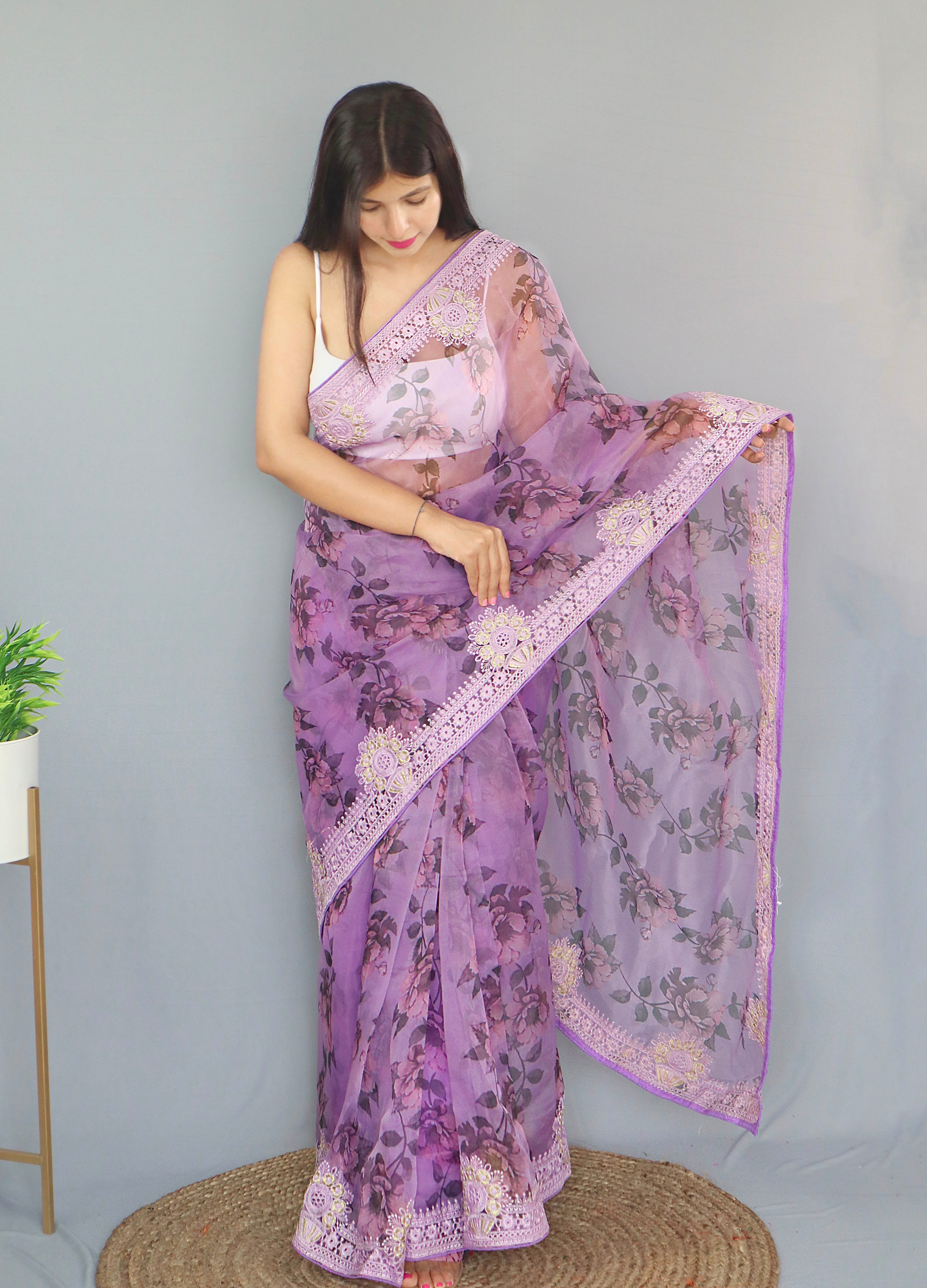 Pink Organza Saree With Satin Benglori Blouse