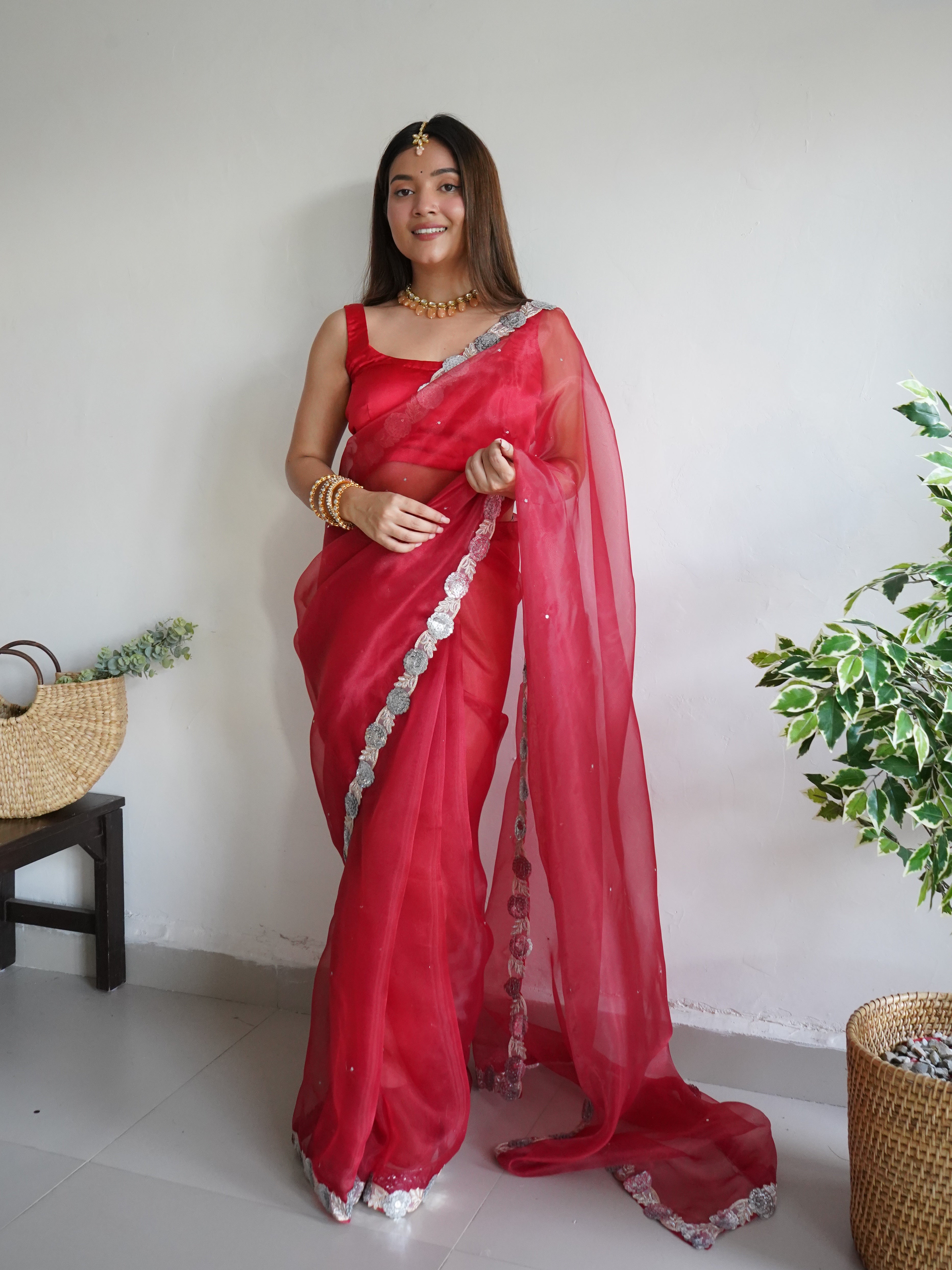 Red Organza Saree With Satin Benglori Blouse