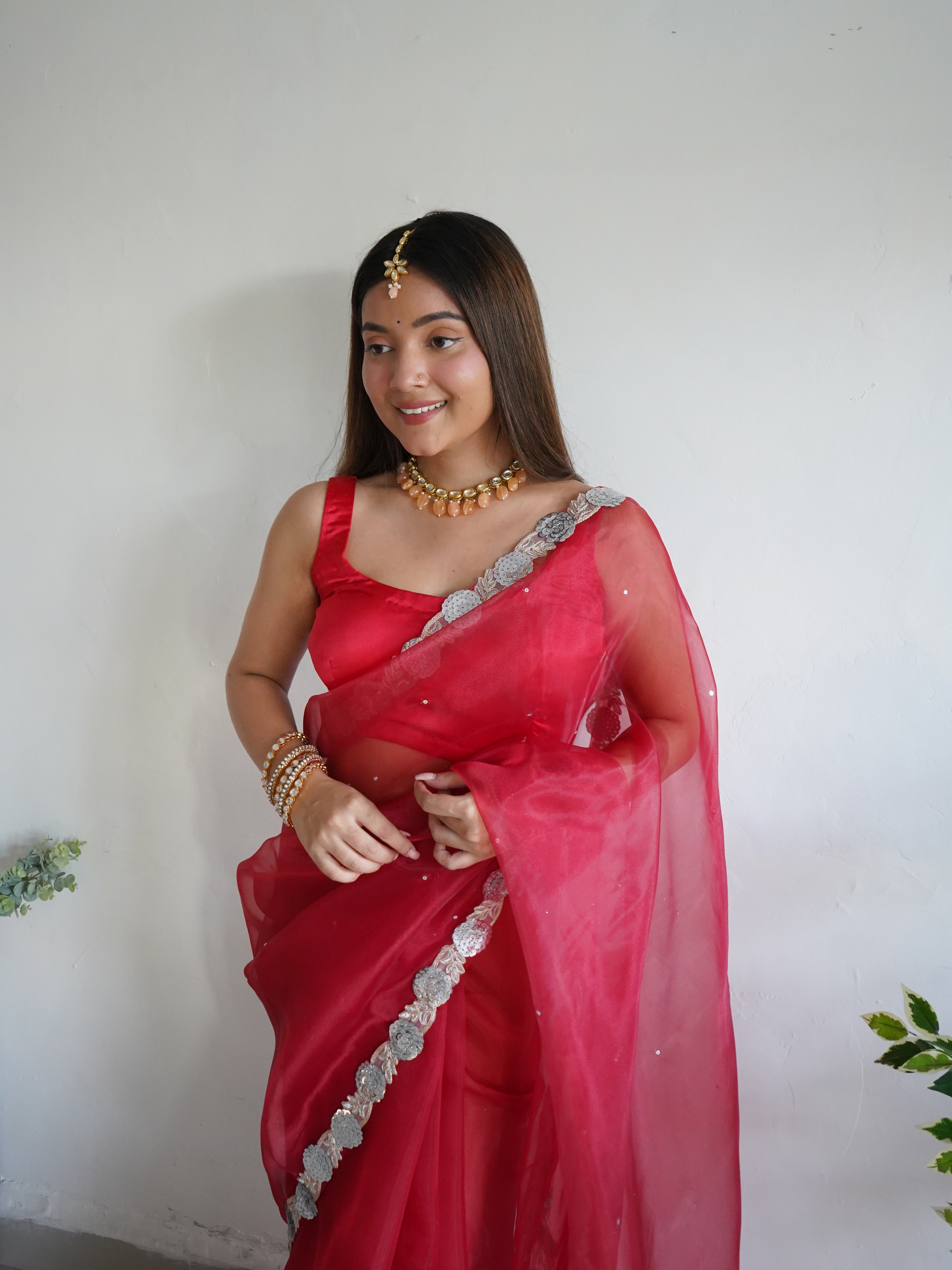 Red Organza Saree With Satin Benglori Blouse