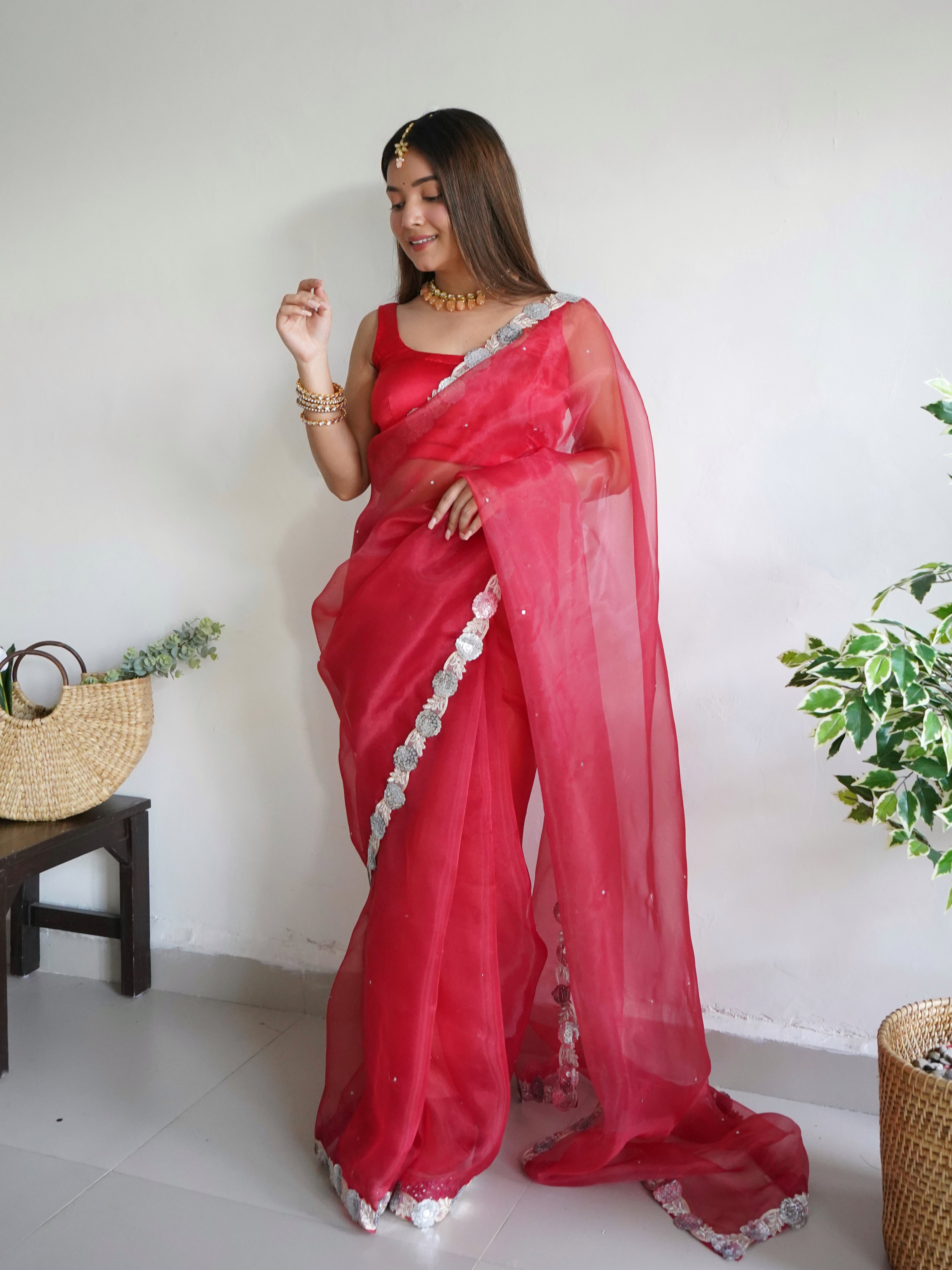 Red Organza Saree With Satin Benglori Blouse