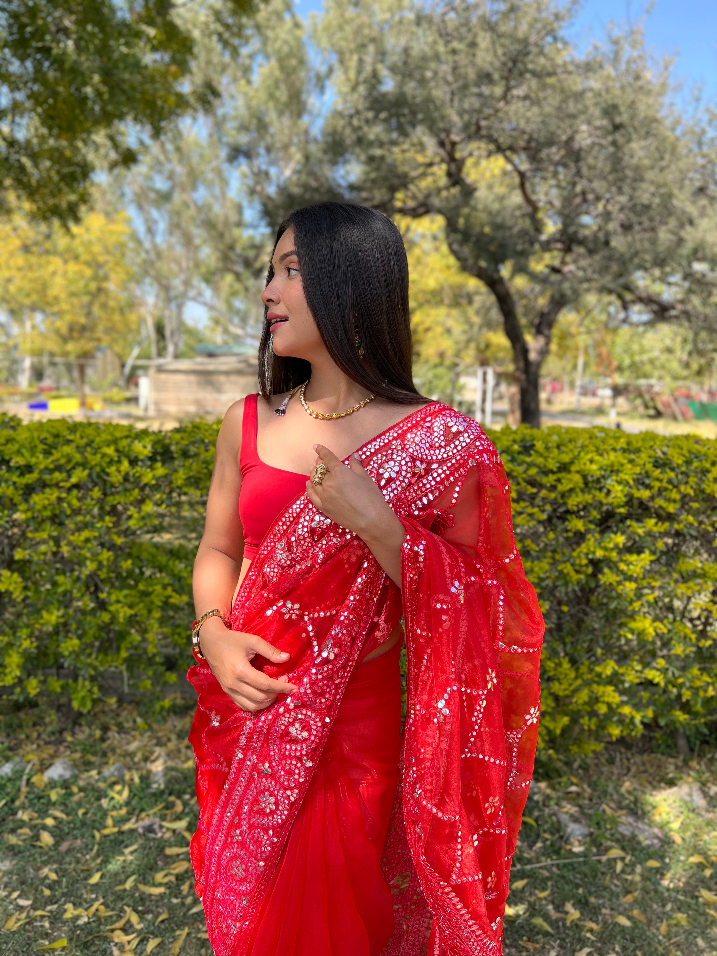 Red Organza Saree With Satin Benglori Blouse