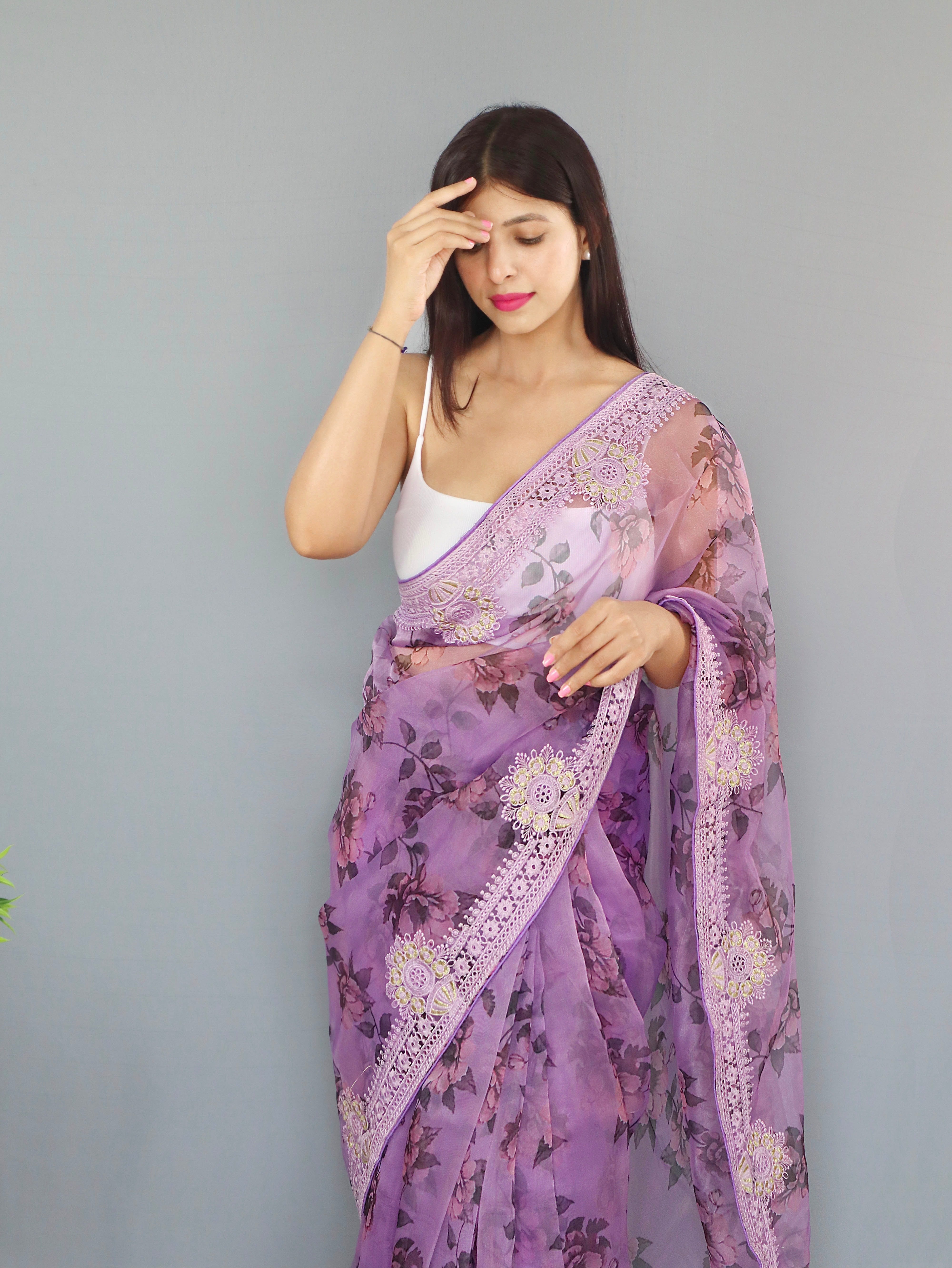 Pink Organza Saree With Satin Benglori Blouse