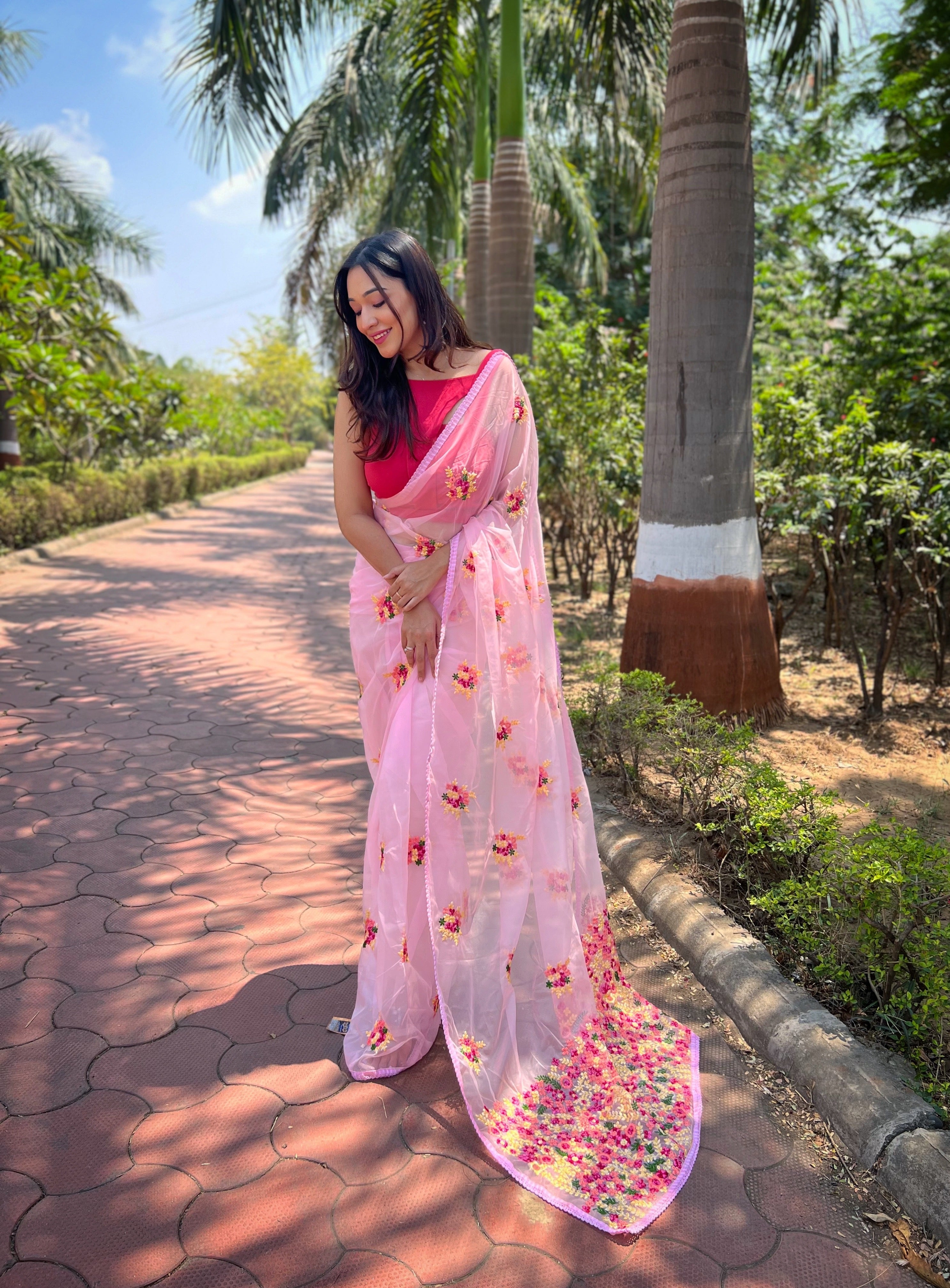 Pink Organza Saree With Banglori Silk Blouse