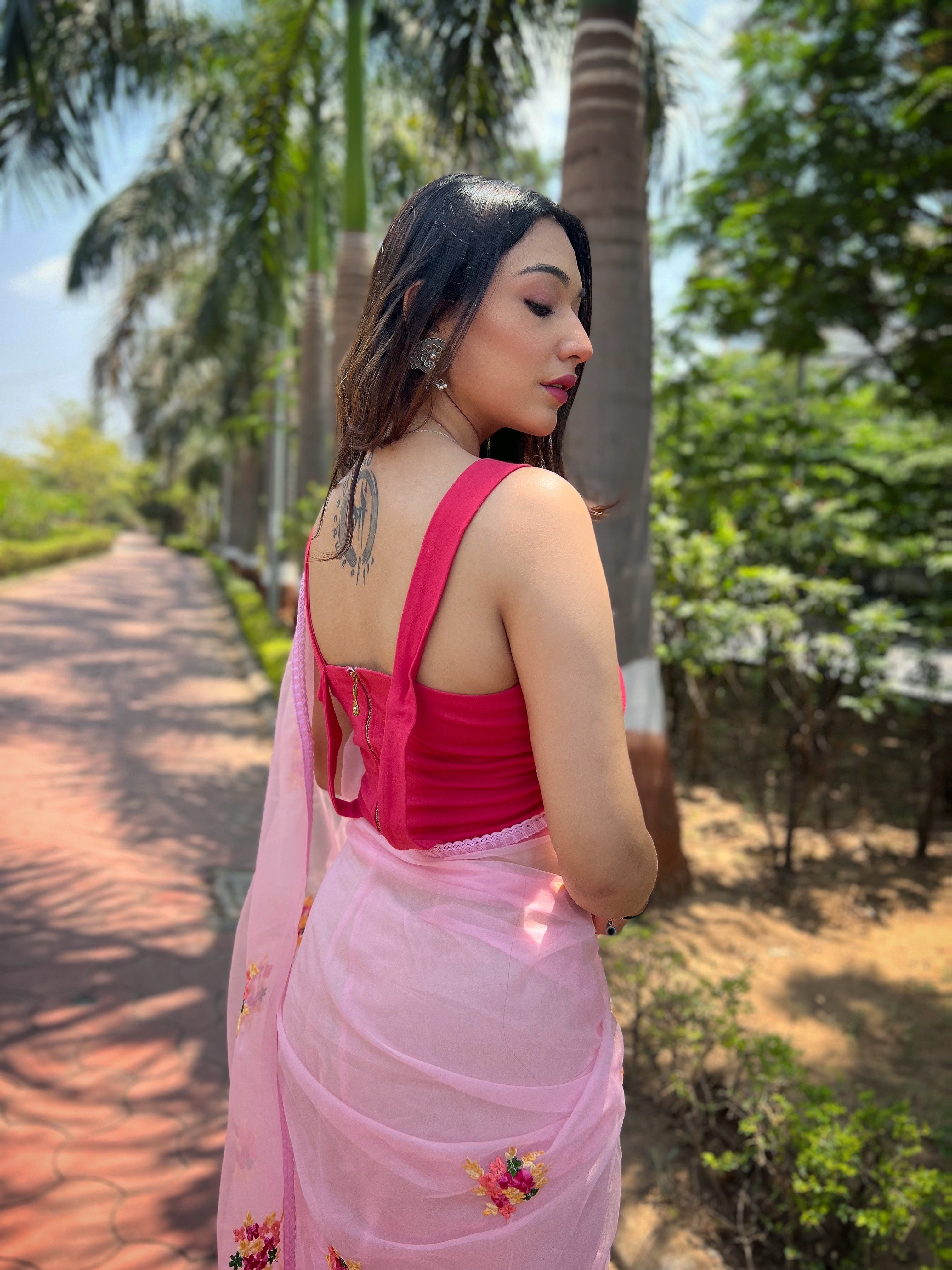 Pink Organza Saree With Banglori Silk Blouse