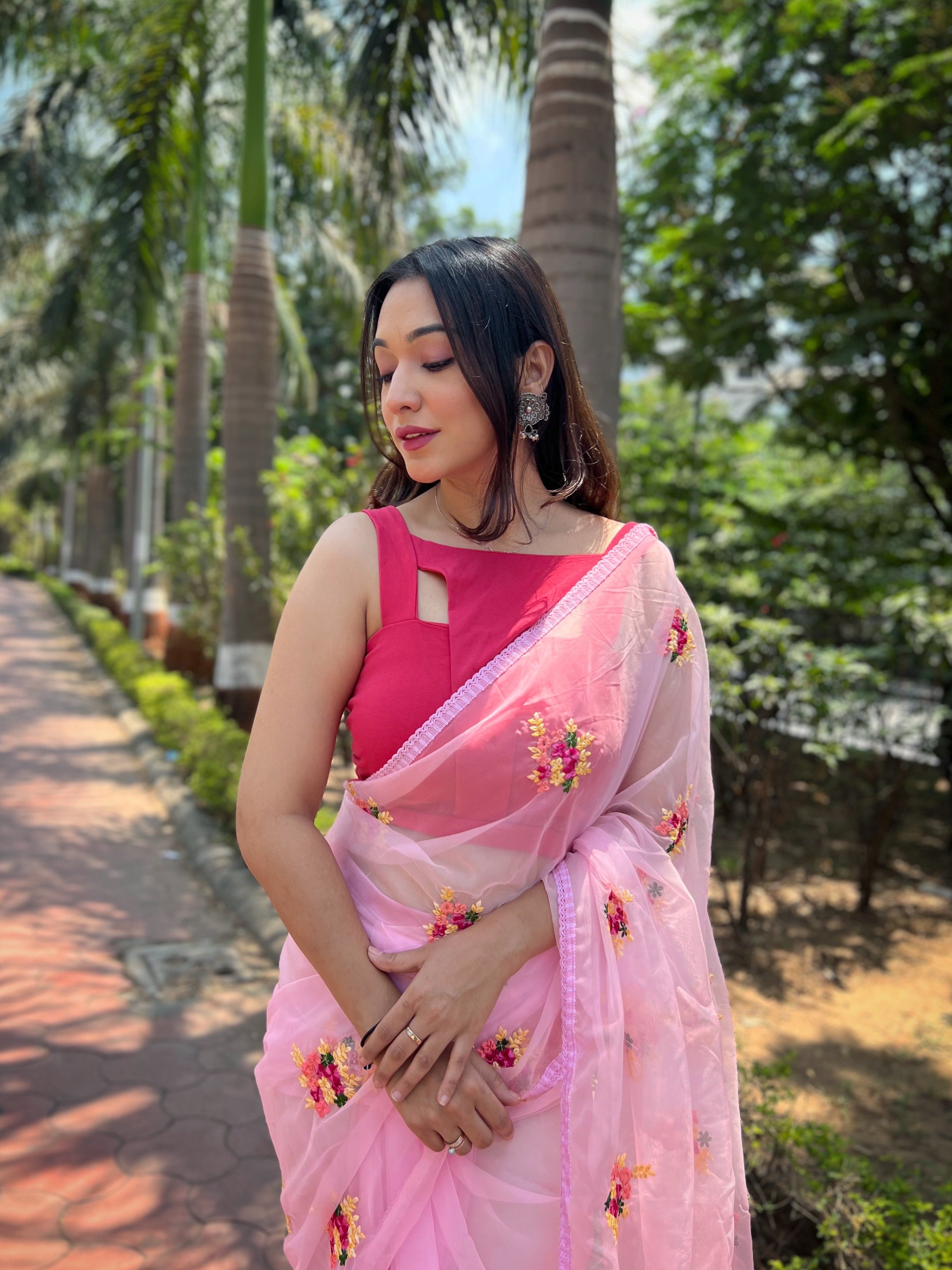 Pink Organza Saree With Banglori Silk Blouse