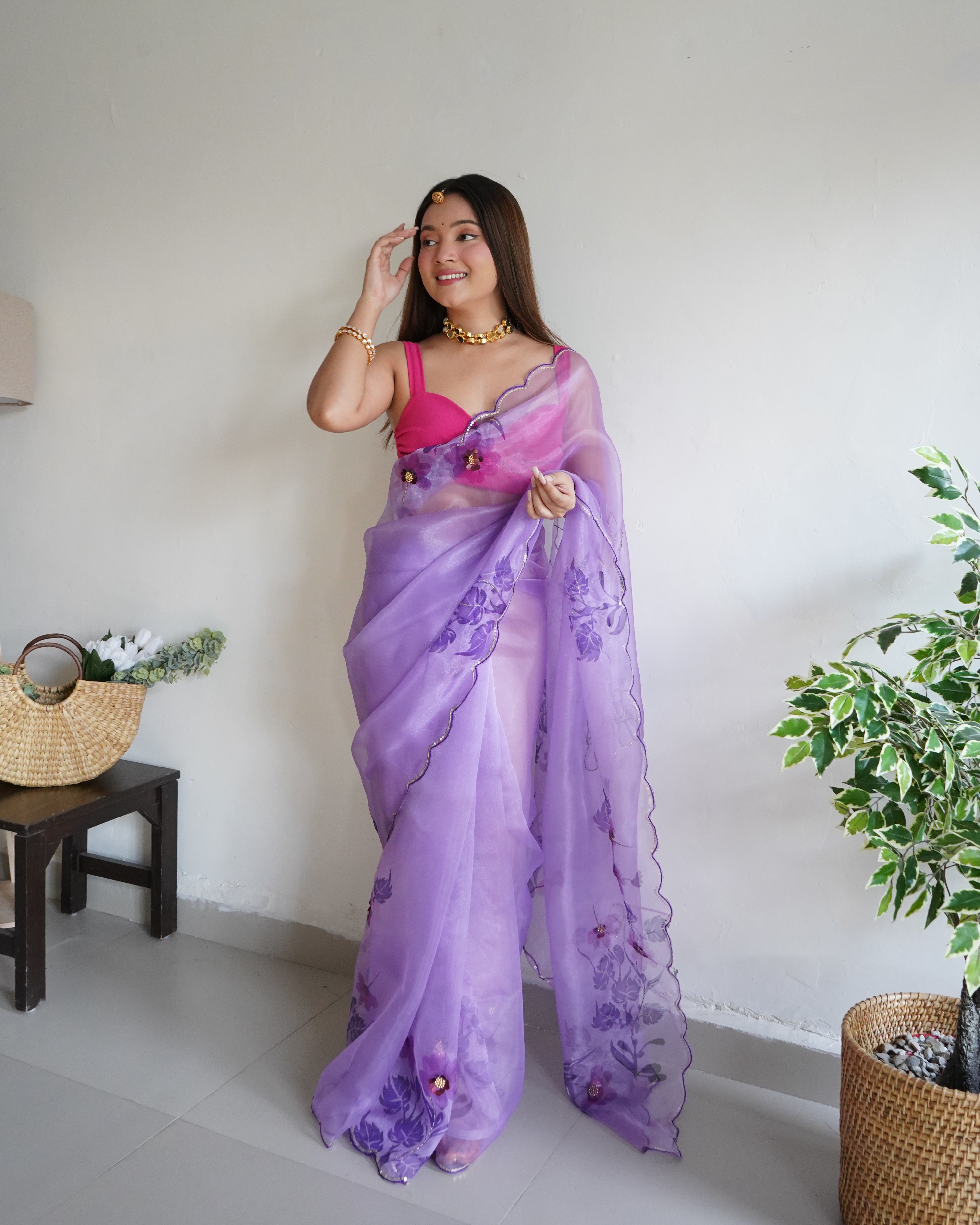 Purple Organza Saree With Banglori sattin Blouse