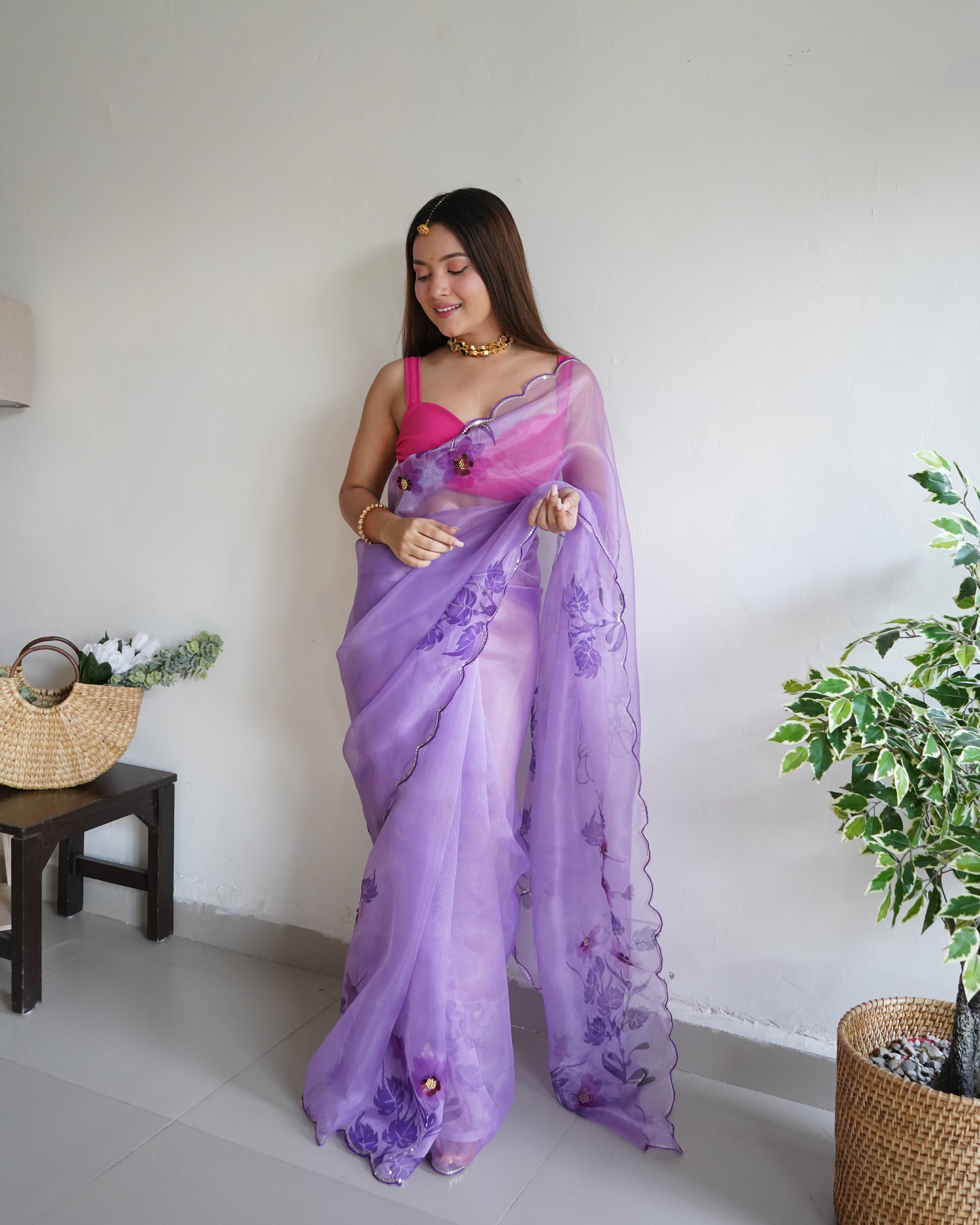 Purple Organza Saree With Banglori sattin Blouse