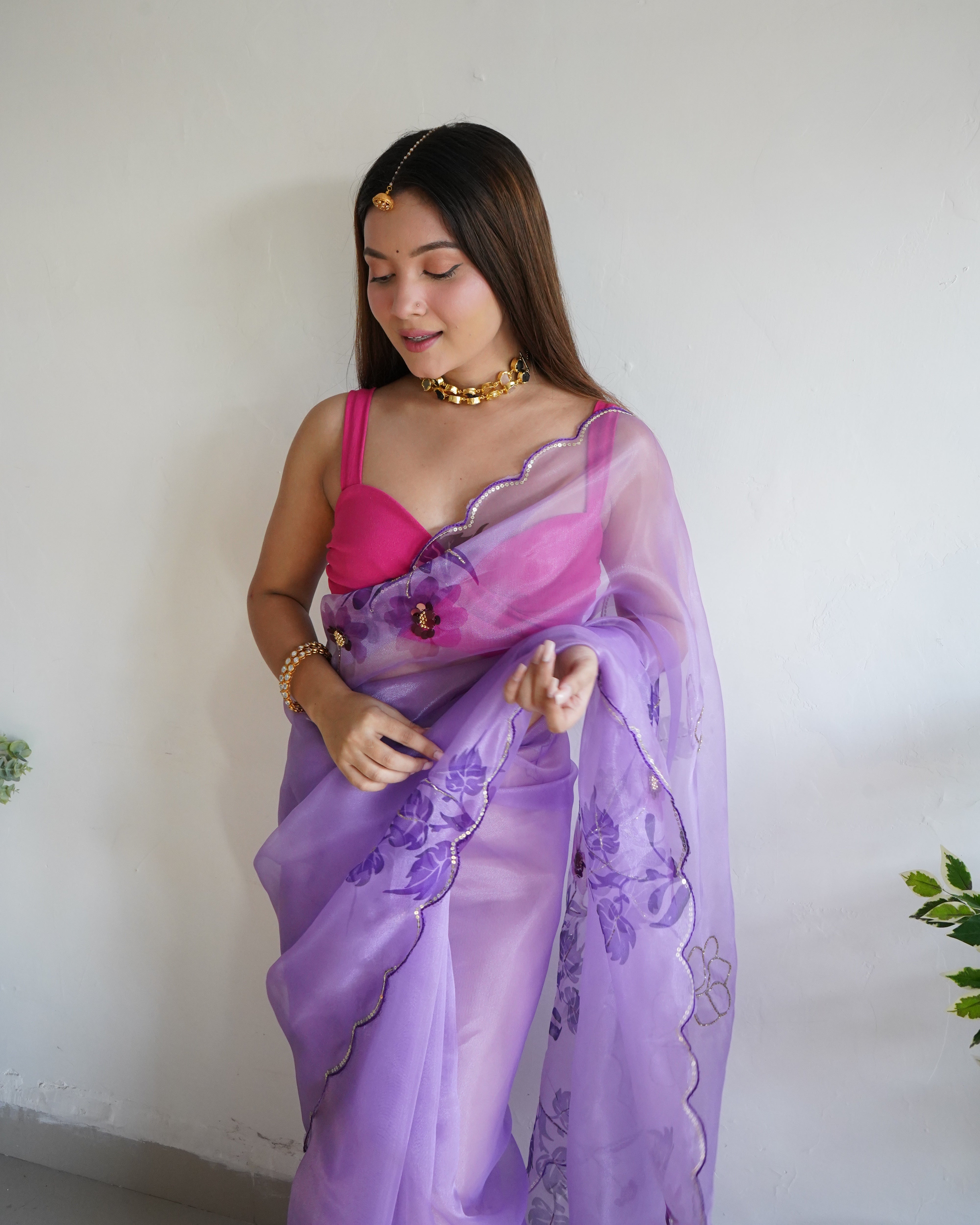 Purple Organza Saree With Banglori sattin Blouse