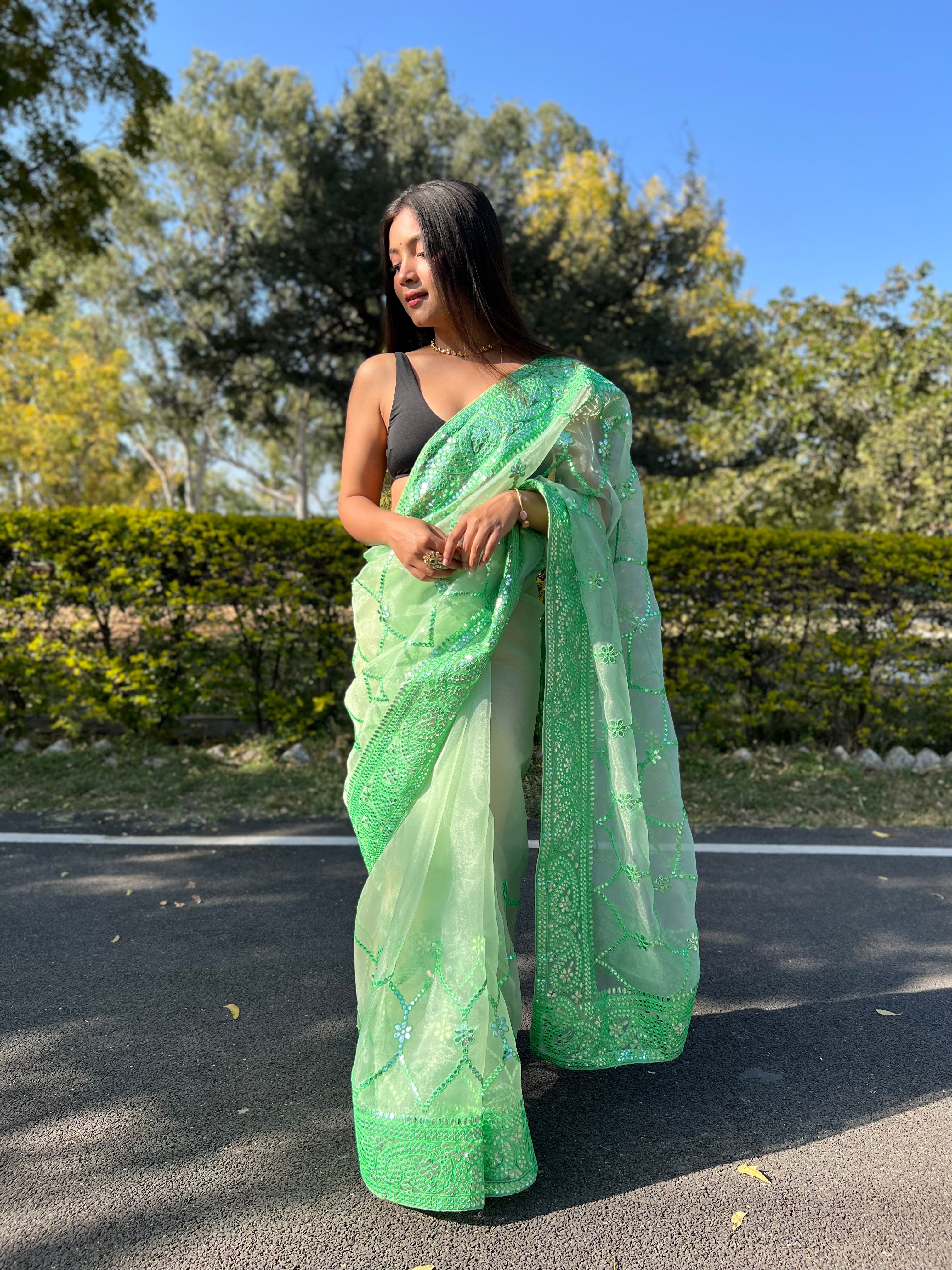 GREEN Organza Saree With Satin Benglori Blouse