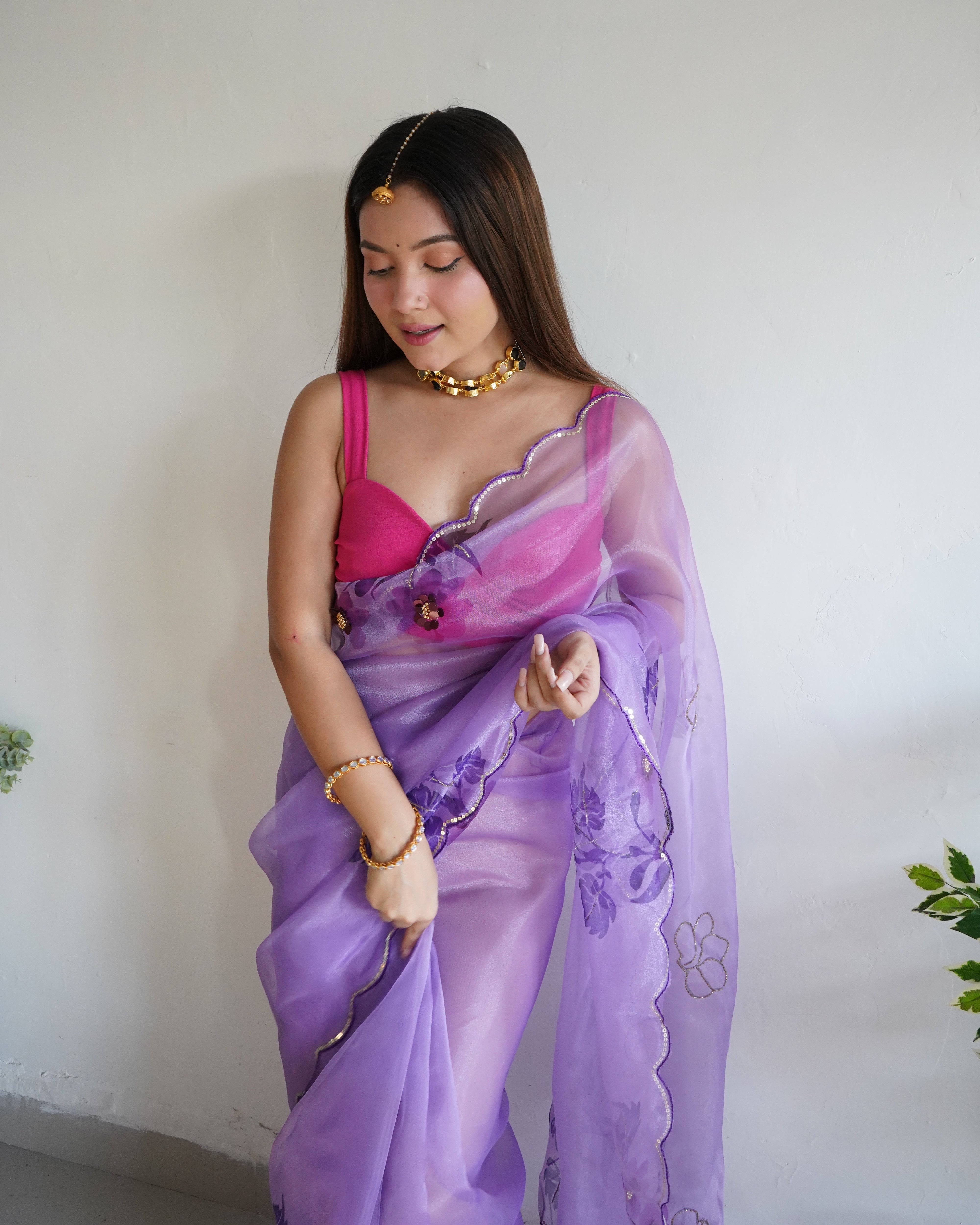 Purple Organza Saree With Banglori sattin Blouse