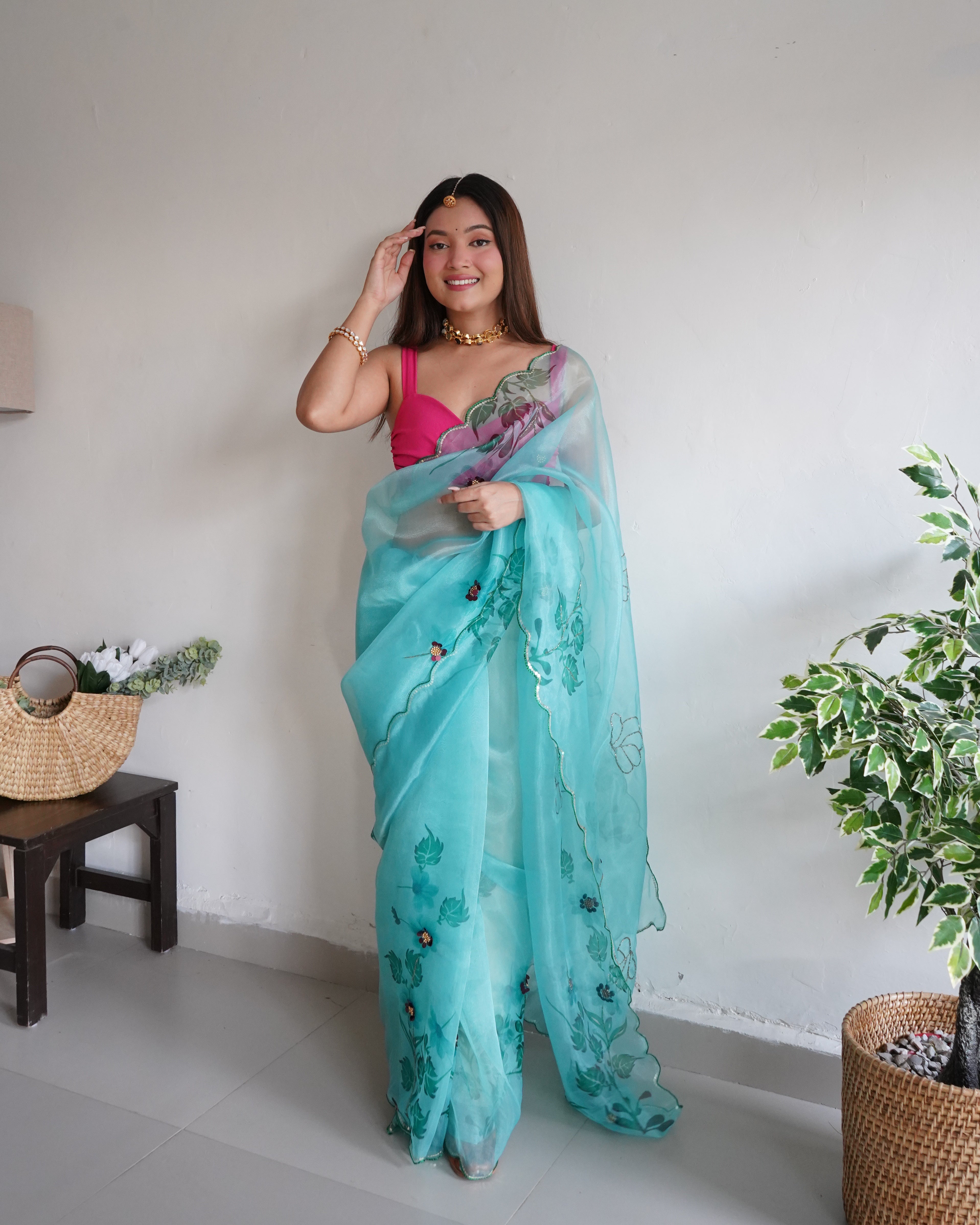 GREEN Organza Saree With Banglori sattin Blouse