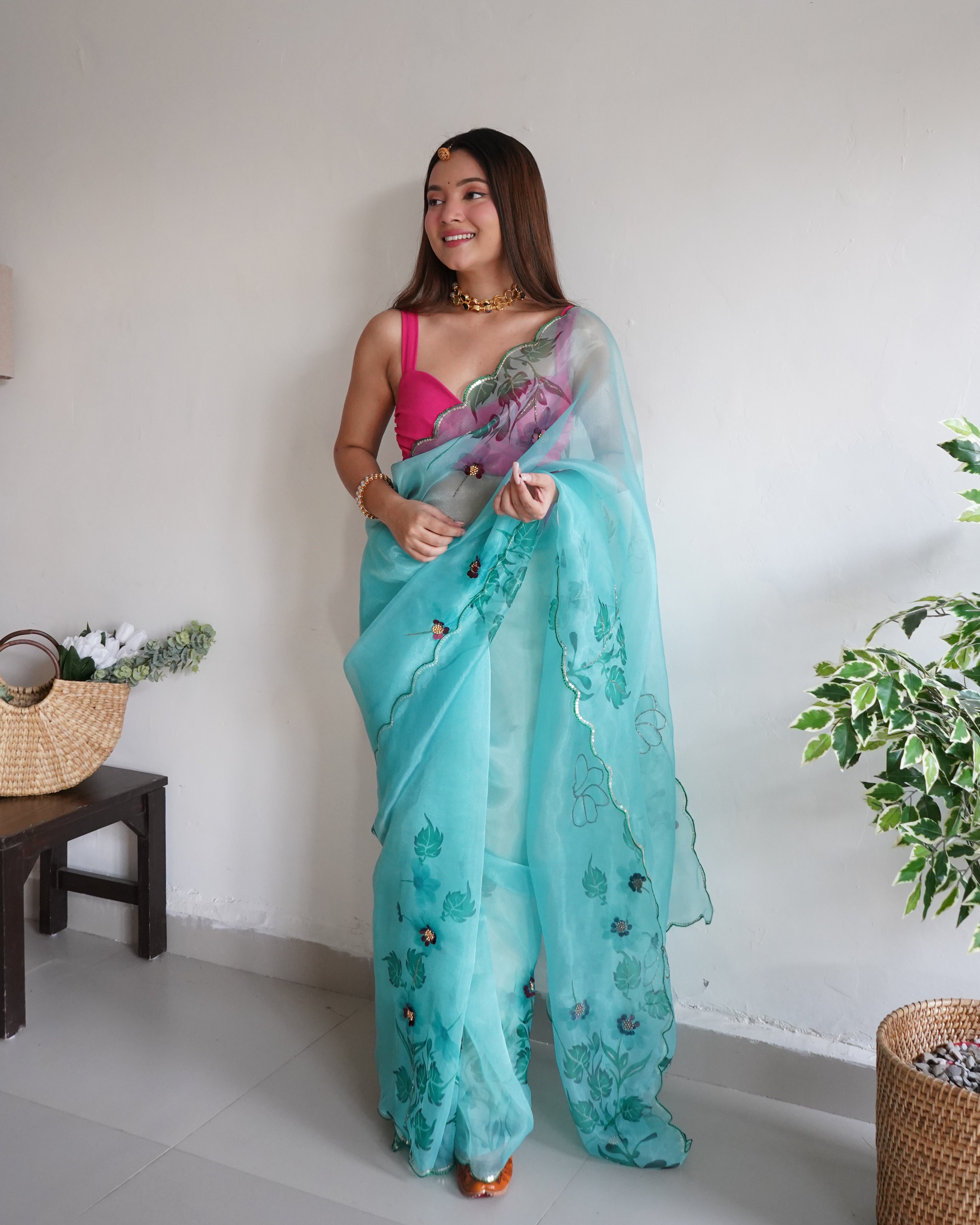 GREEN Organza Saree With Banglori sattin Blouse